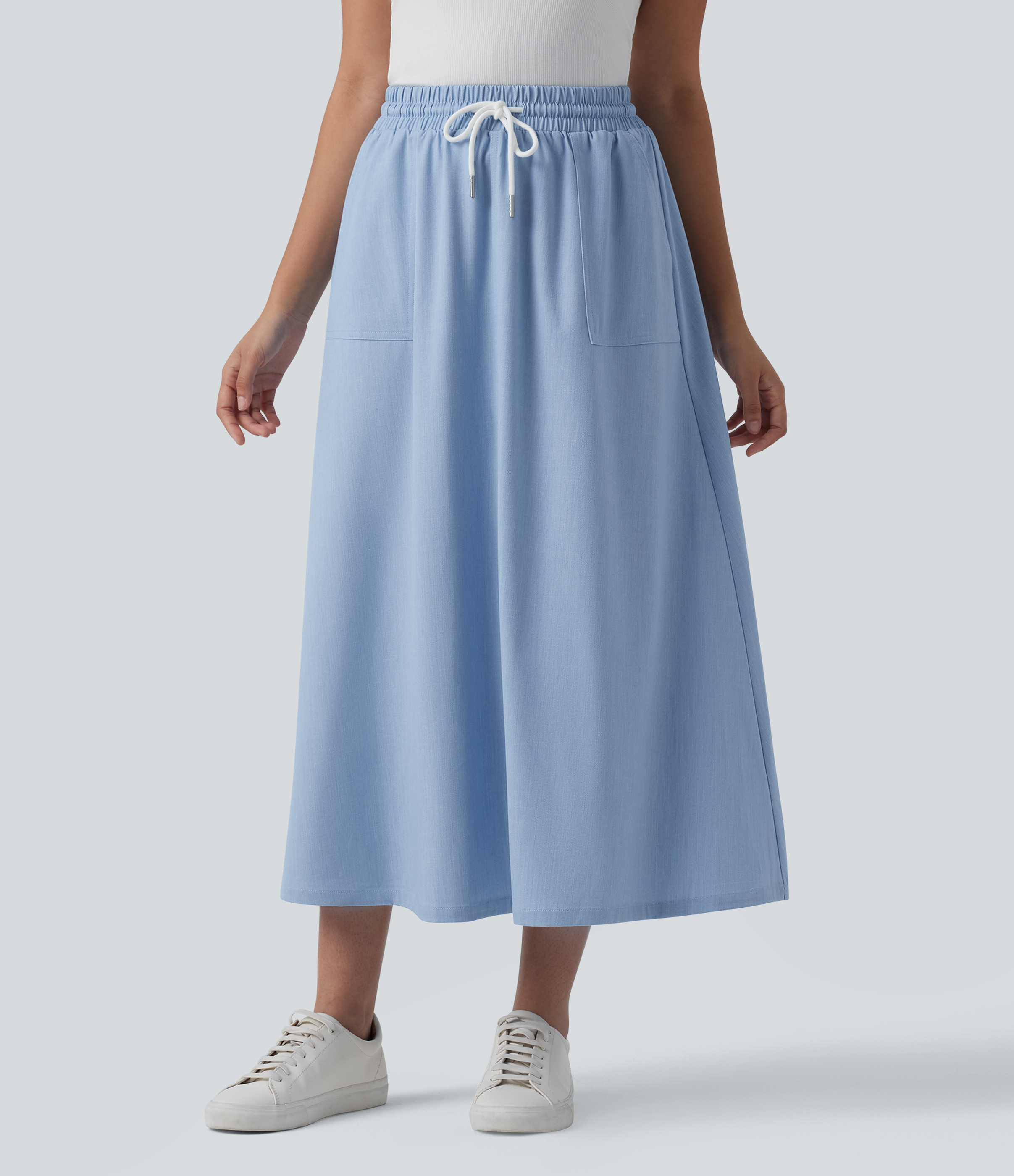 High Waisted Drawstring Midi Denim Like Casual A-line Skirt with Pockets