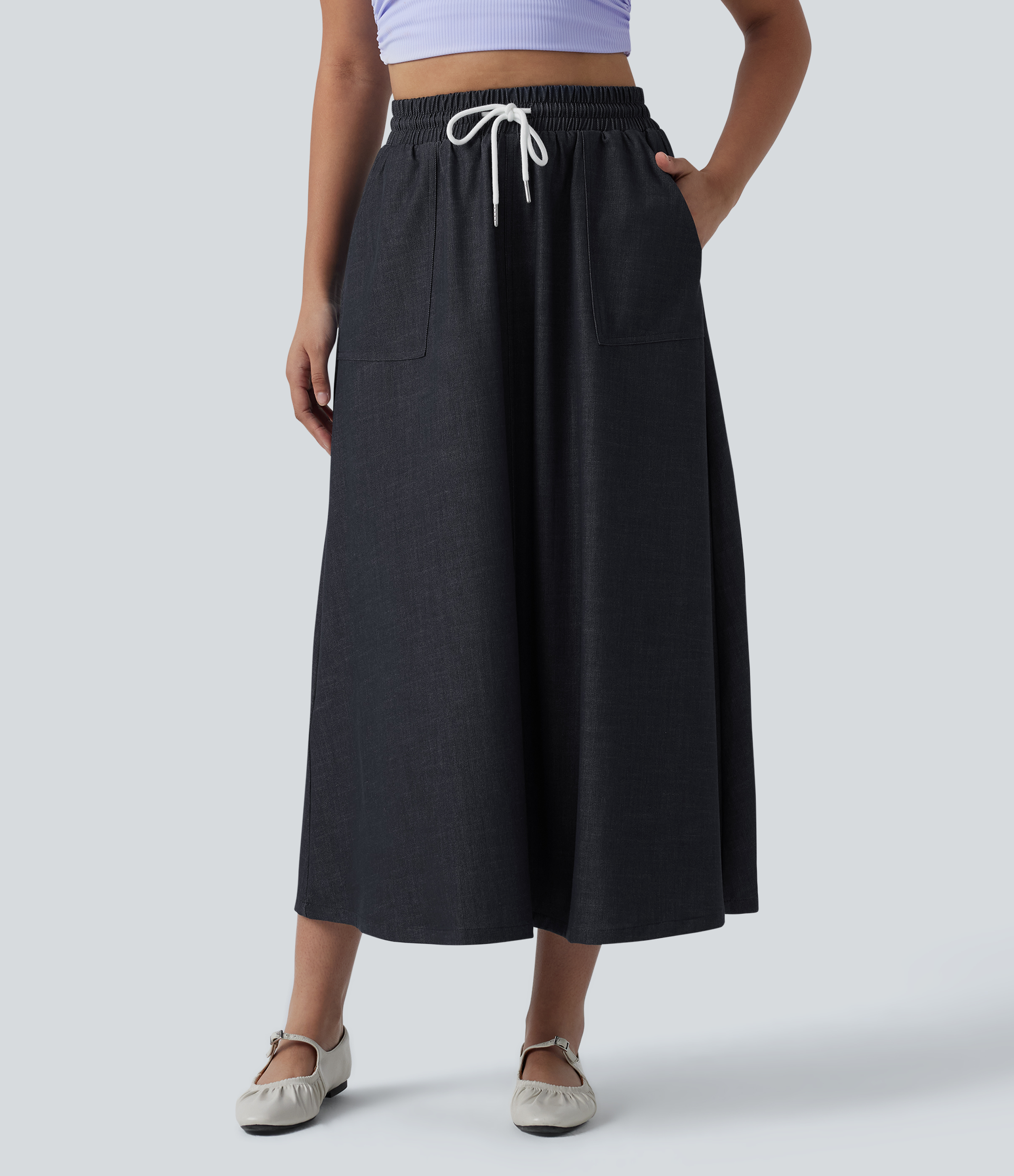 High Waisted Drawstring Midi Denim Like Casual A-line Skirt with Pockets
