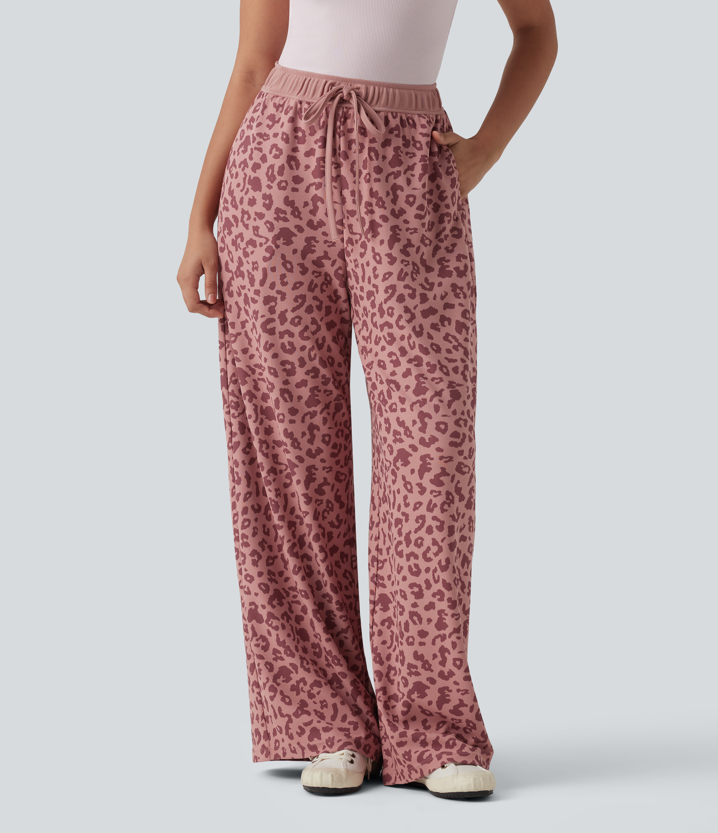 High Waisted Drawstring Wide Leg Leopard Print Waffle Casual Pants with Pockets