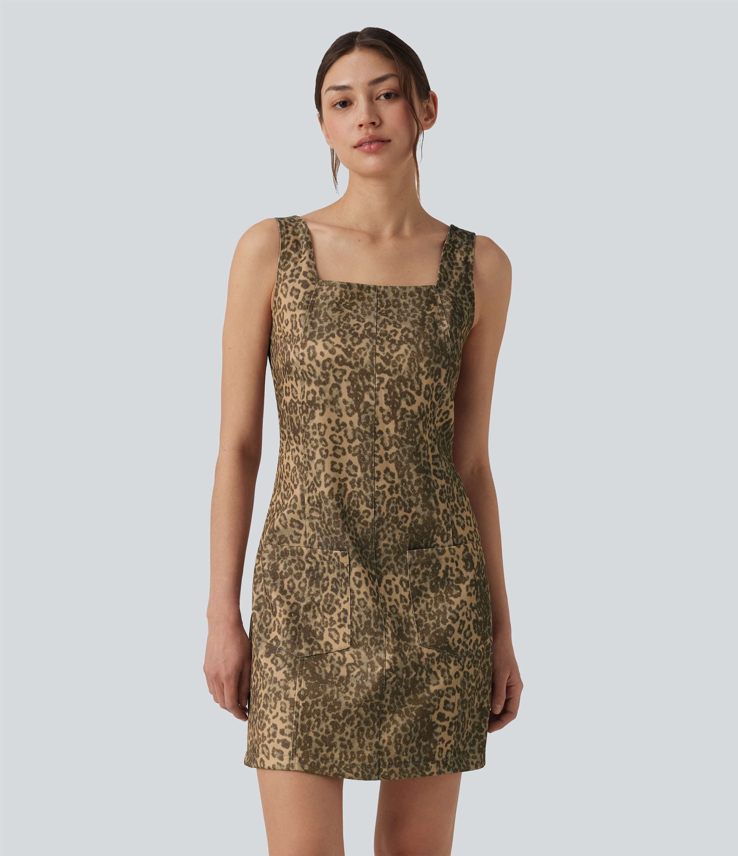 Square Neck Leopard Print Mini Casual Dress with Pockets