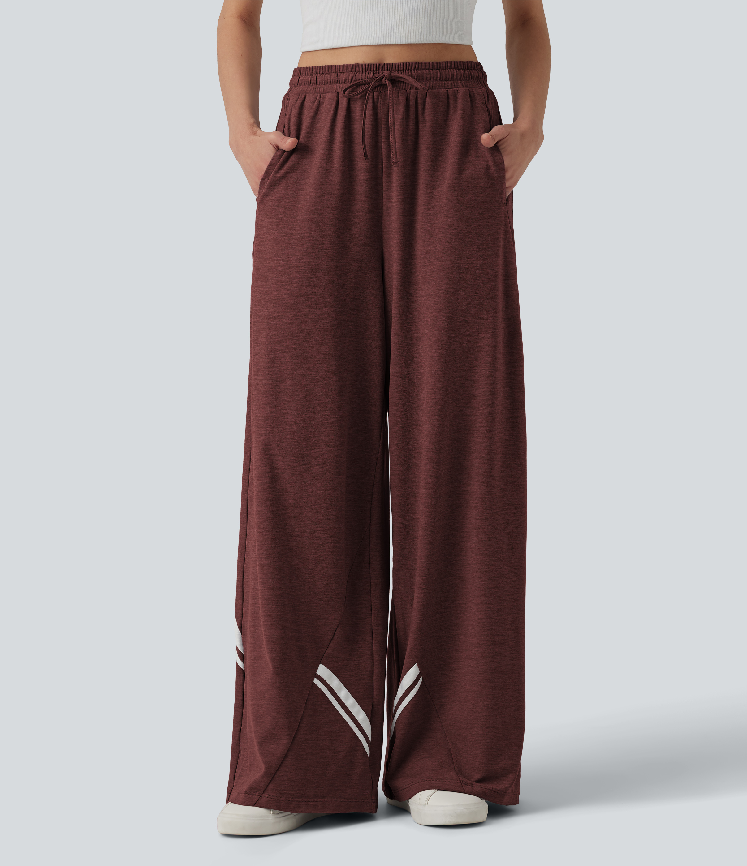 Lässige Hose mit hohem Bund, Seitentaschen, Kordelzug, Farbblock und weitem Bein
