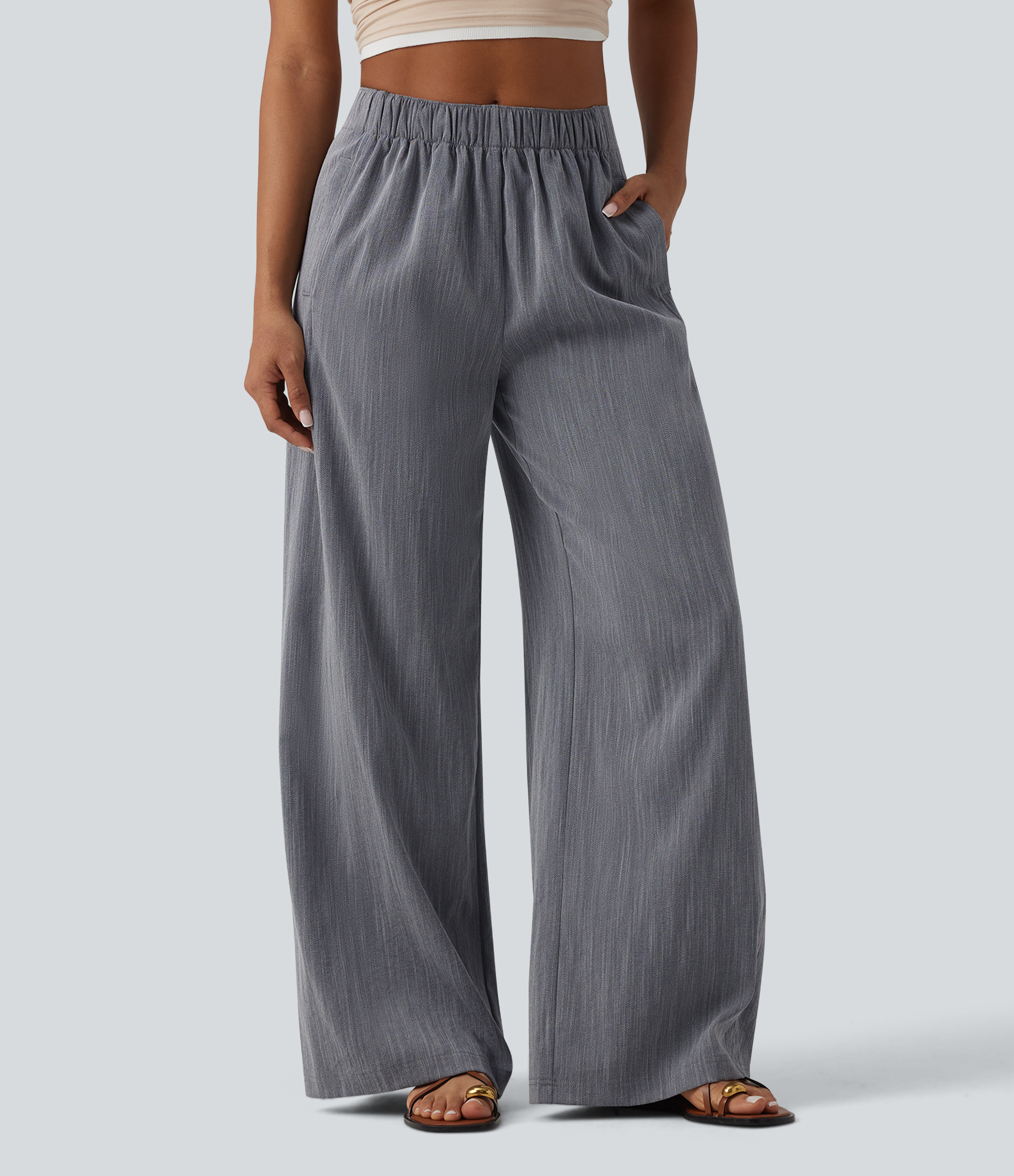 Mid Rise Linen-Feel Casual Baggy Pants with Pockets
