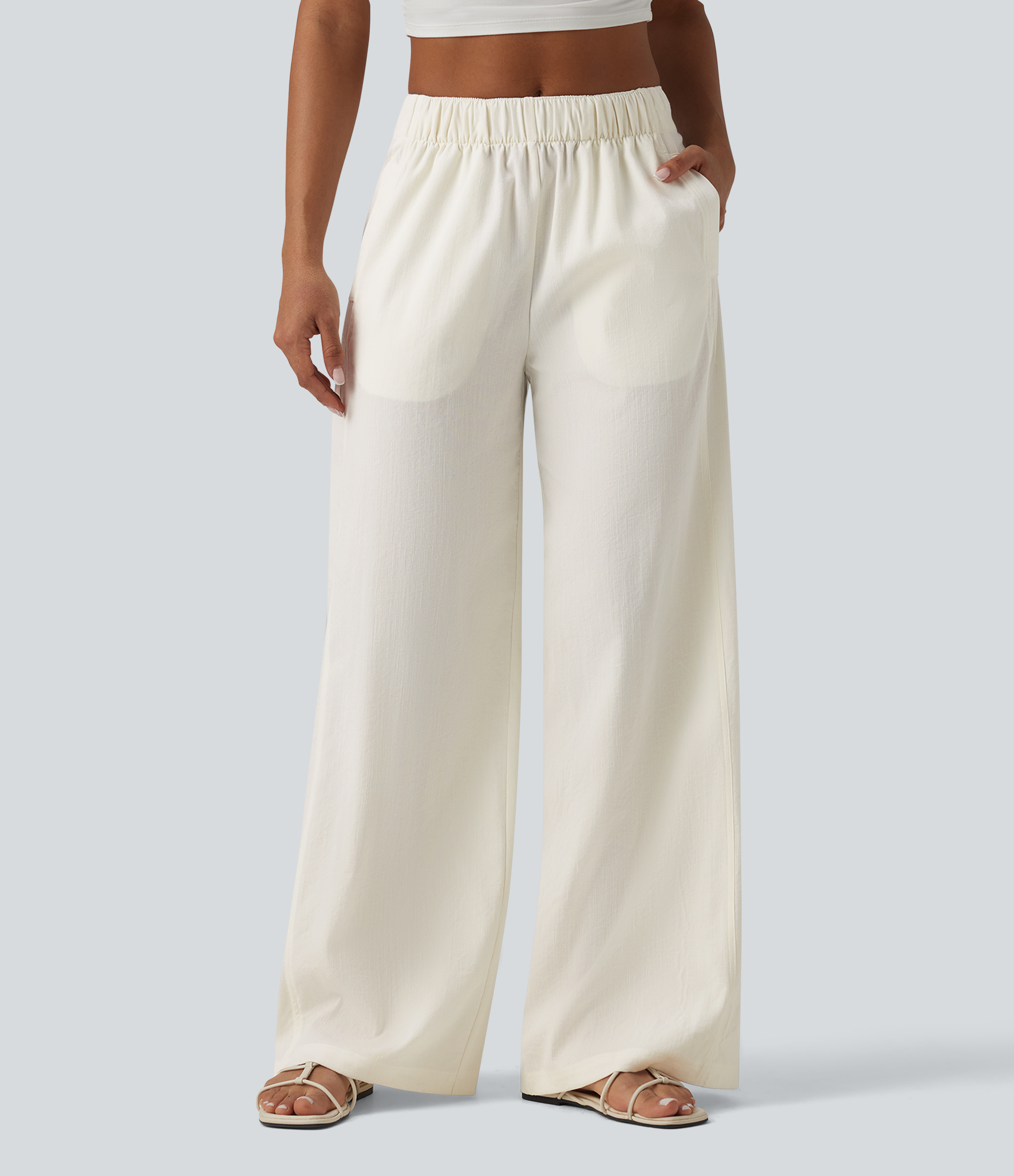 Mid Rise Linen-Feel Casual Baggy Pants with Pockets