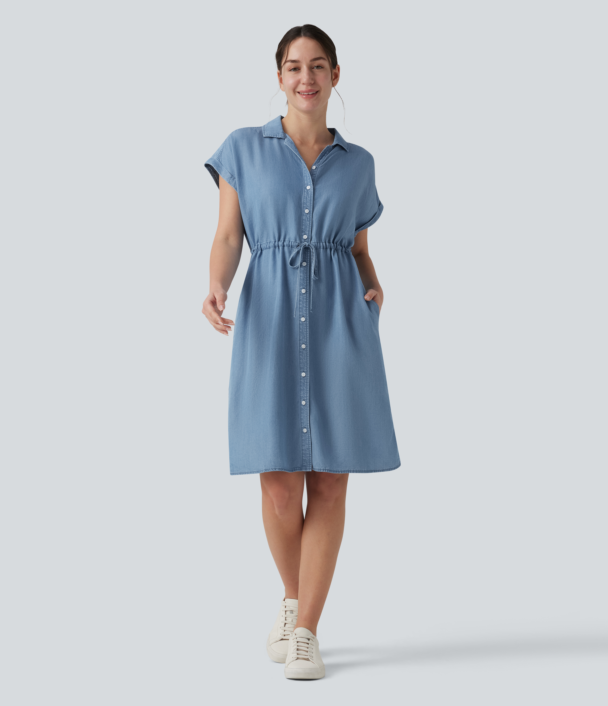Collared Drawstring Button Fly Draped Casual Denim Shirt Dress with Pockets