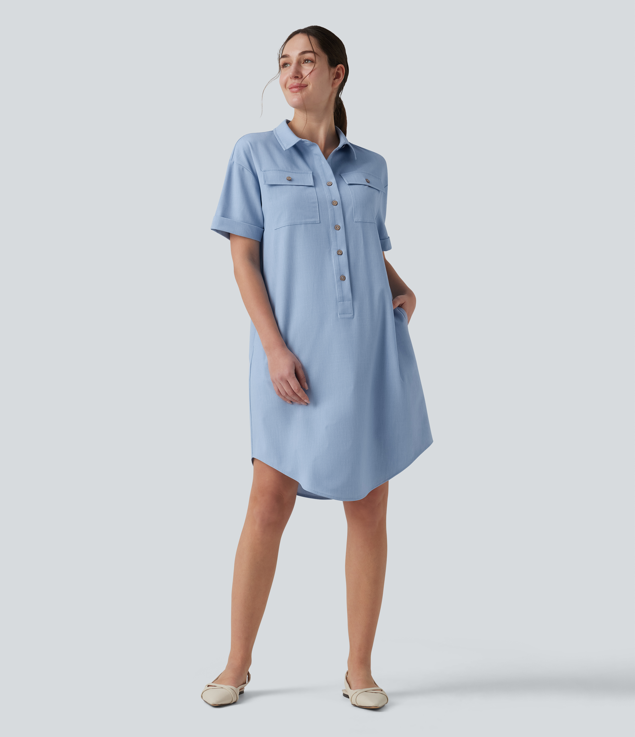 Short Sleeve Curved Hem Midi Casual Dress with Pockets