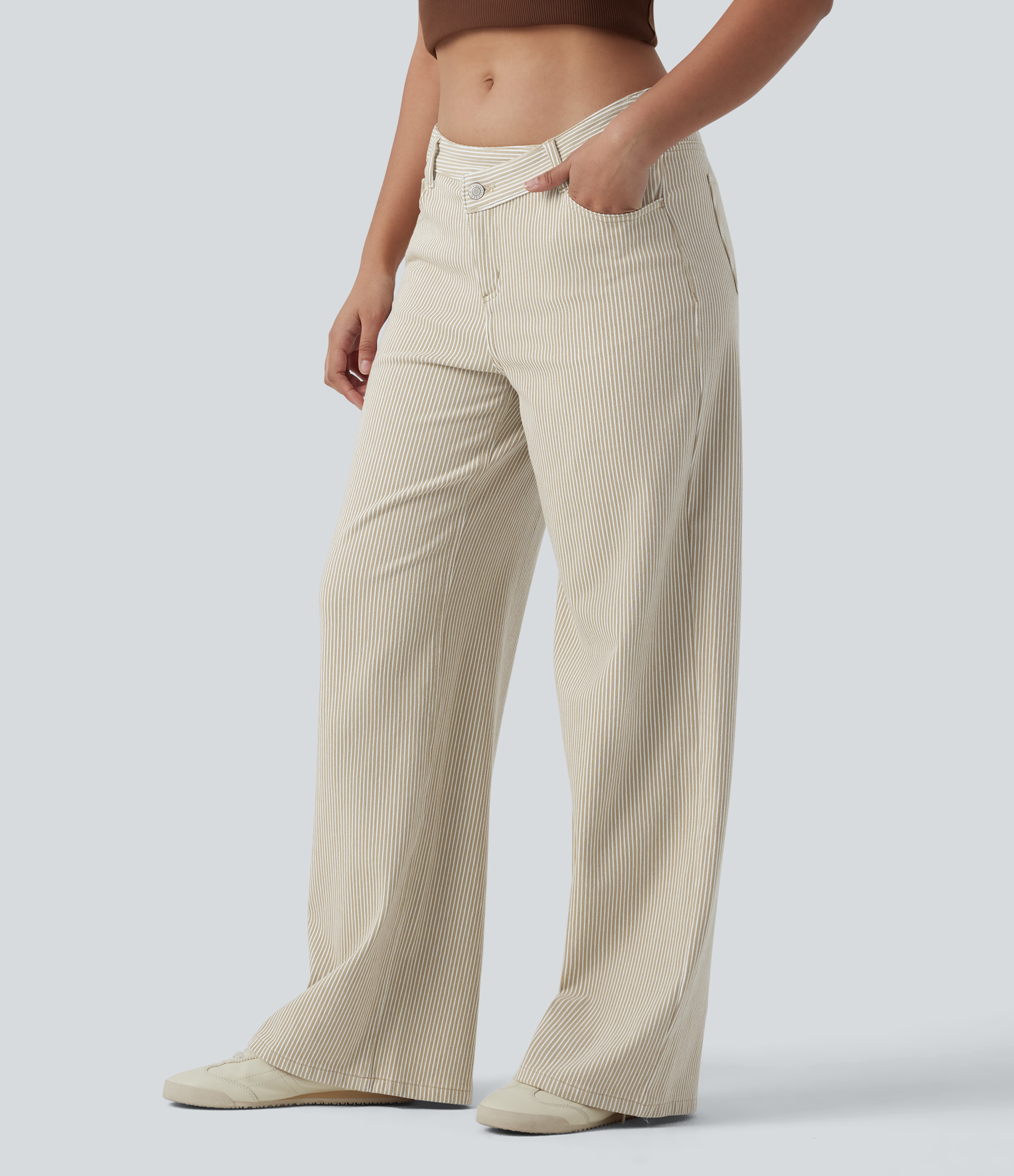 Halara Flex™ Asymmetric Mid Rise Stripes Casual Baggy Jeans with Pockets