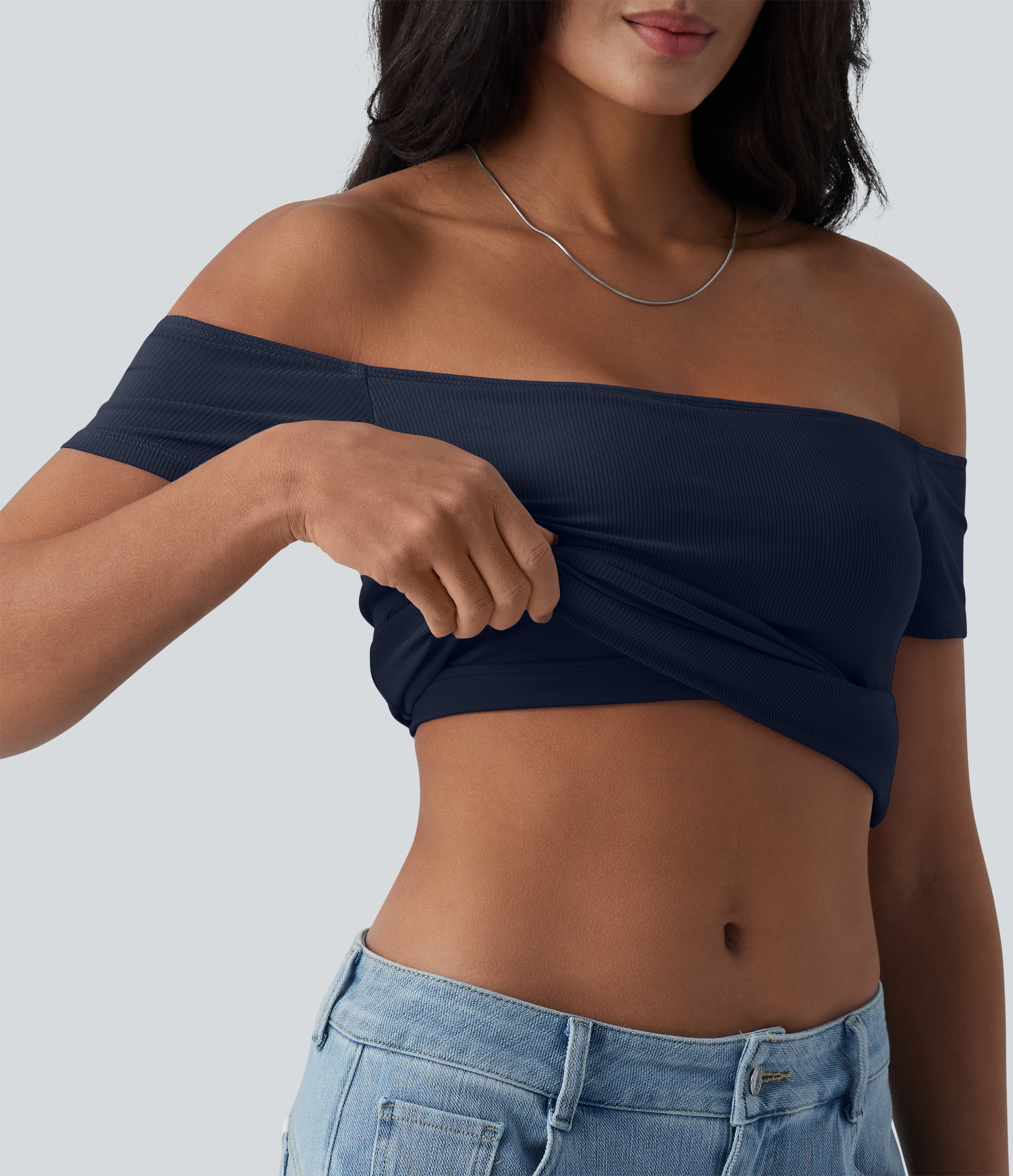 Ribbed Knit Off Shoulder Short Sleeve 2-in-1 Casual Top