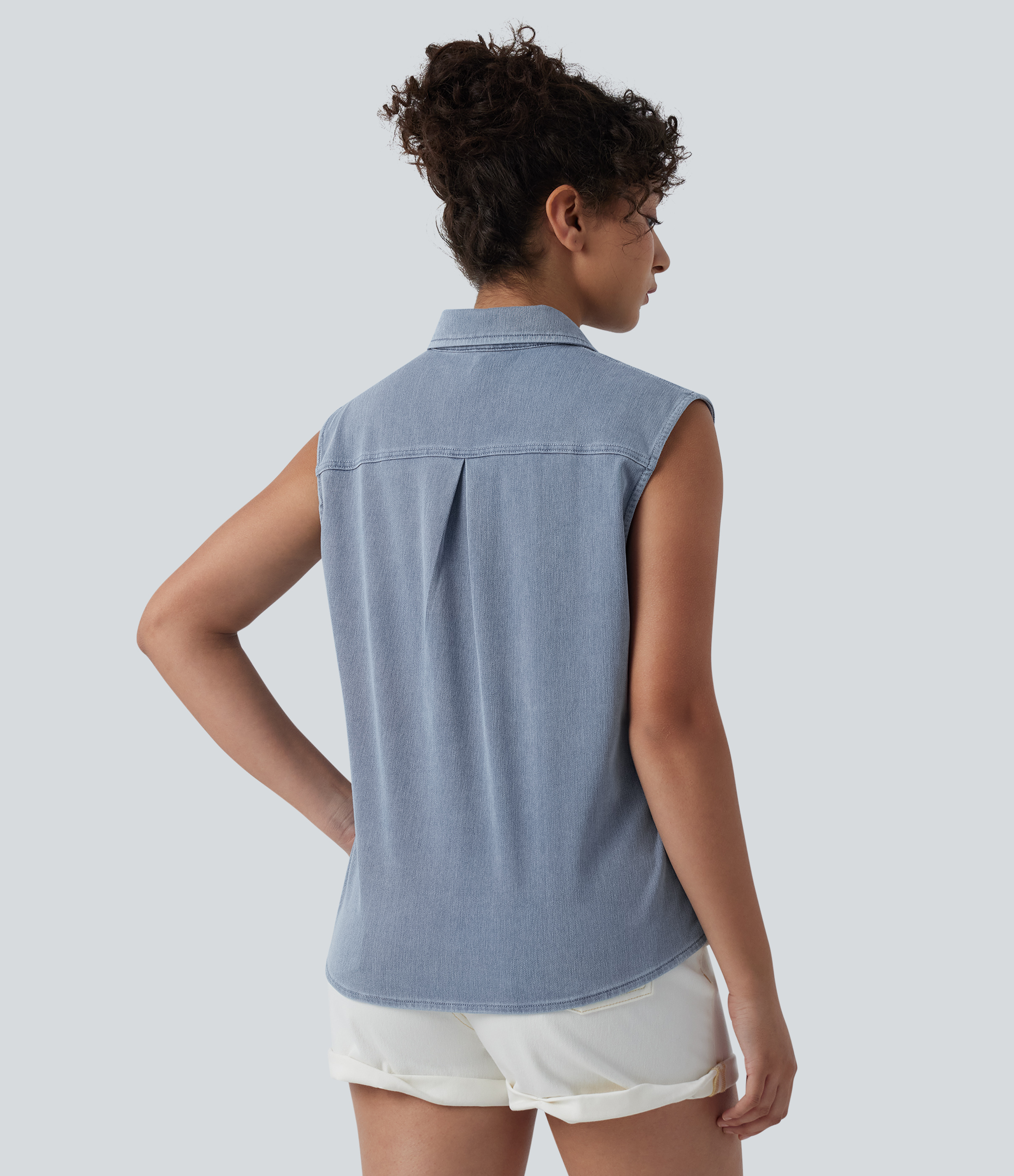 Malibu Blue Denim Halara Flex™ Sleeveless Denim Casual Shirt with Pocket / 2