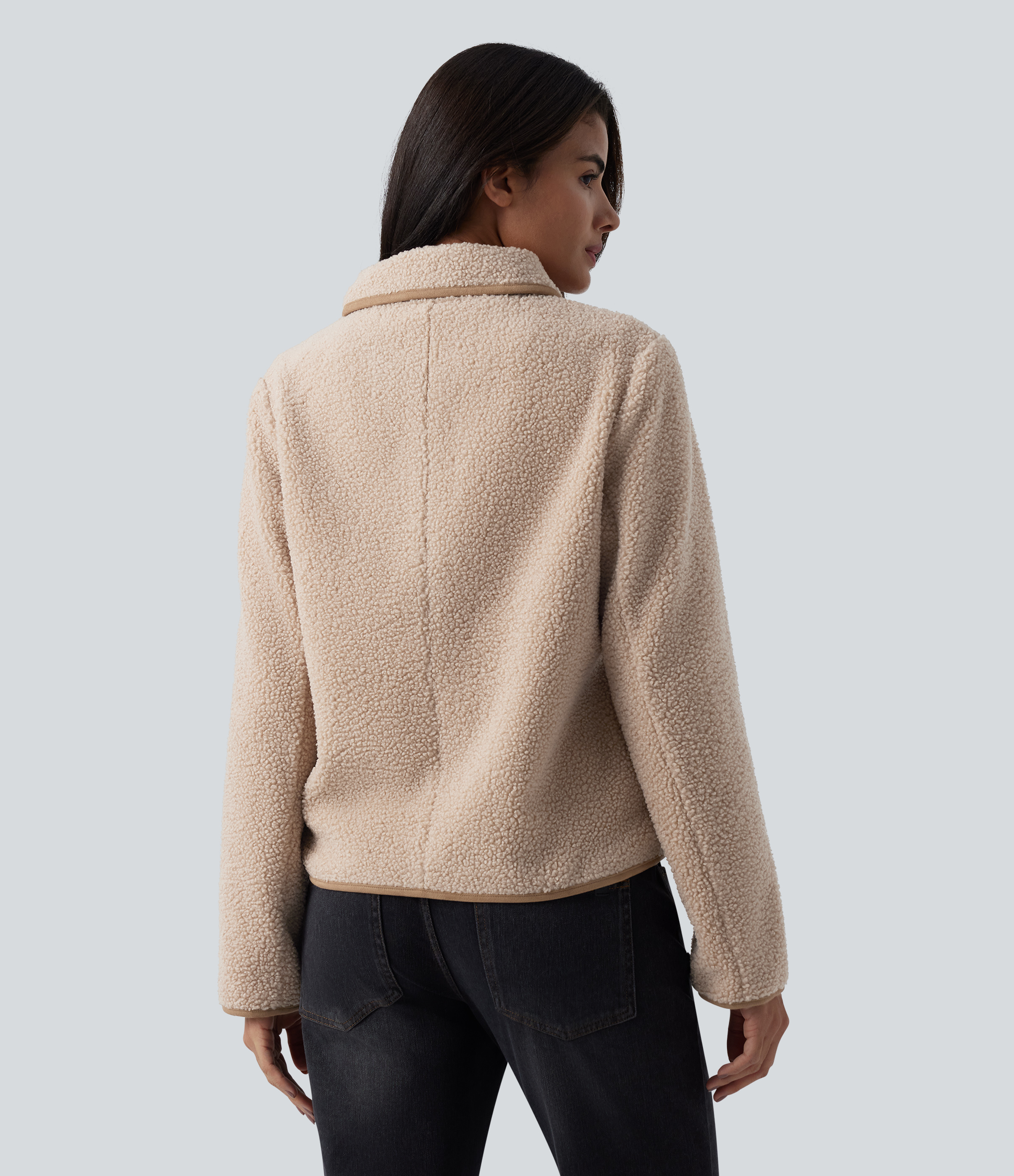 Moonlight Collar Long Sleeve Casual Sherpa Jacket with Pockets / 2