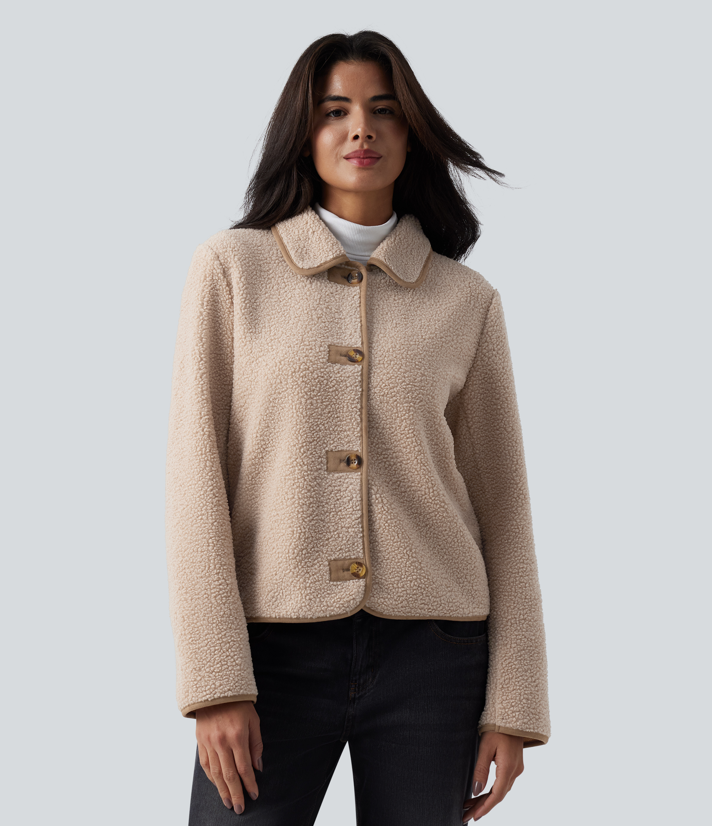 Collar Long Sleeve Casual Sherpa Jacket with Pockets