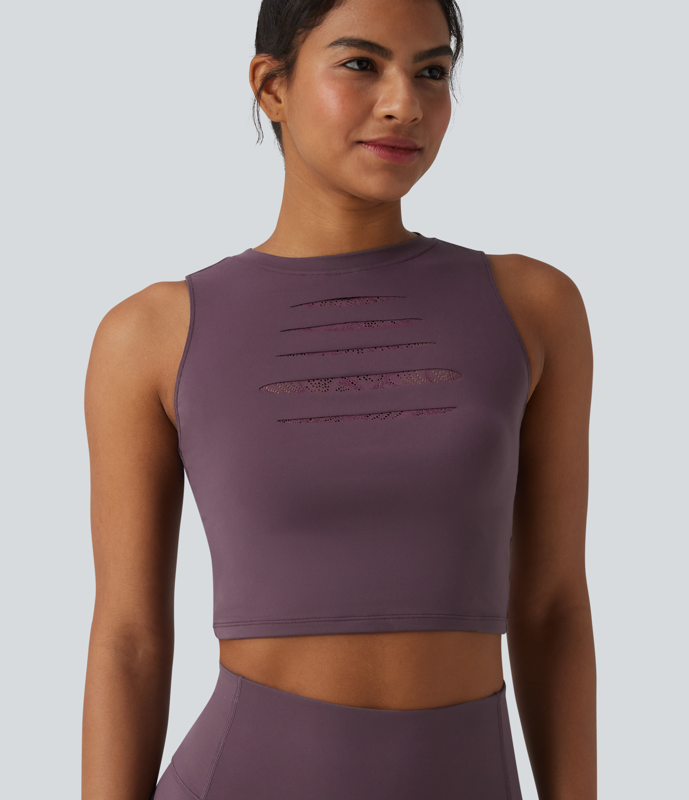 SoftlyZero™ Round Neck Ripped Contrast Lace Cropped Yoga Tank Top-UPF50+