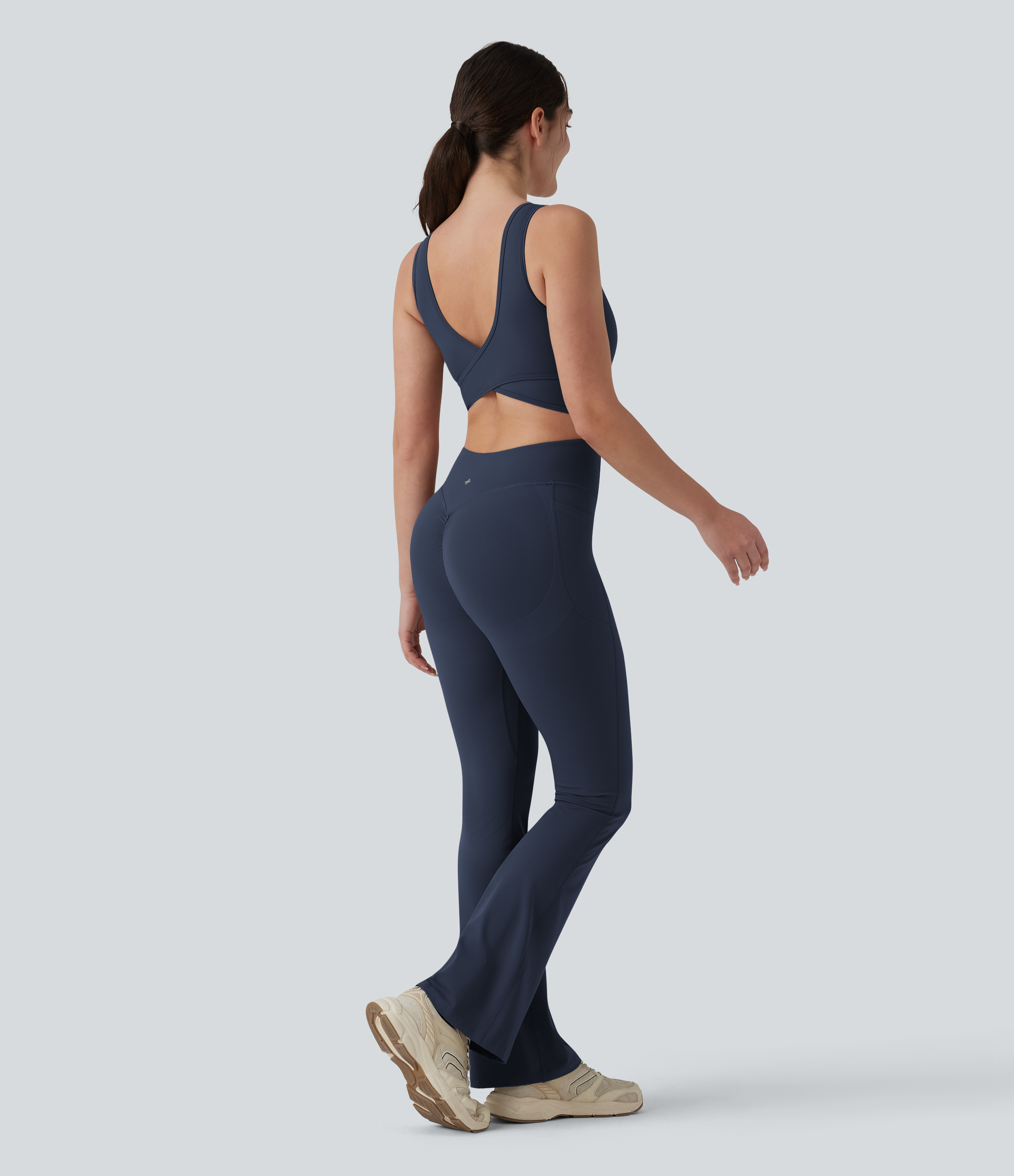 Halara UltraSculpt™ Crisscross Backless Tummy Control Butt Lifting Scrunch Non-Removable Pad Workout Flare Jumpsuit with Pockets-Easy Peezy