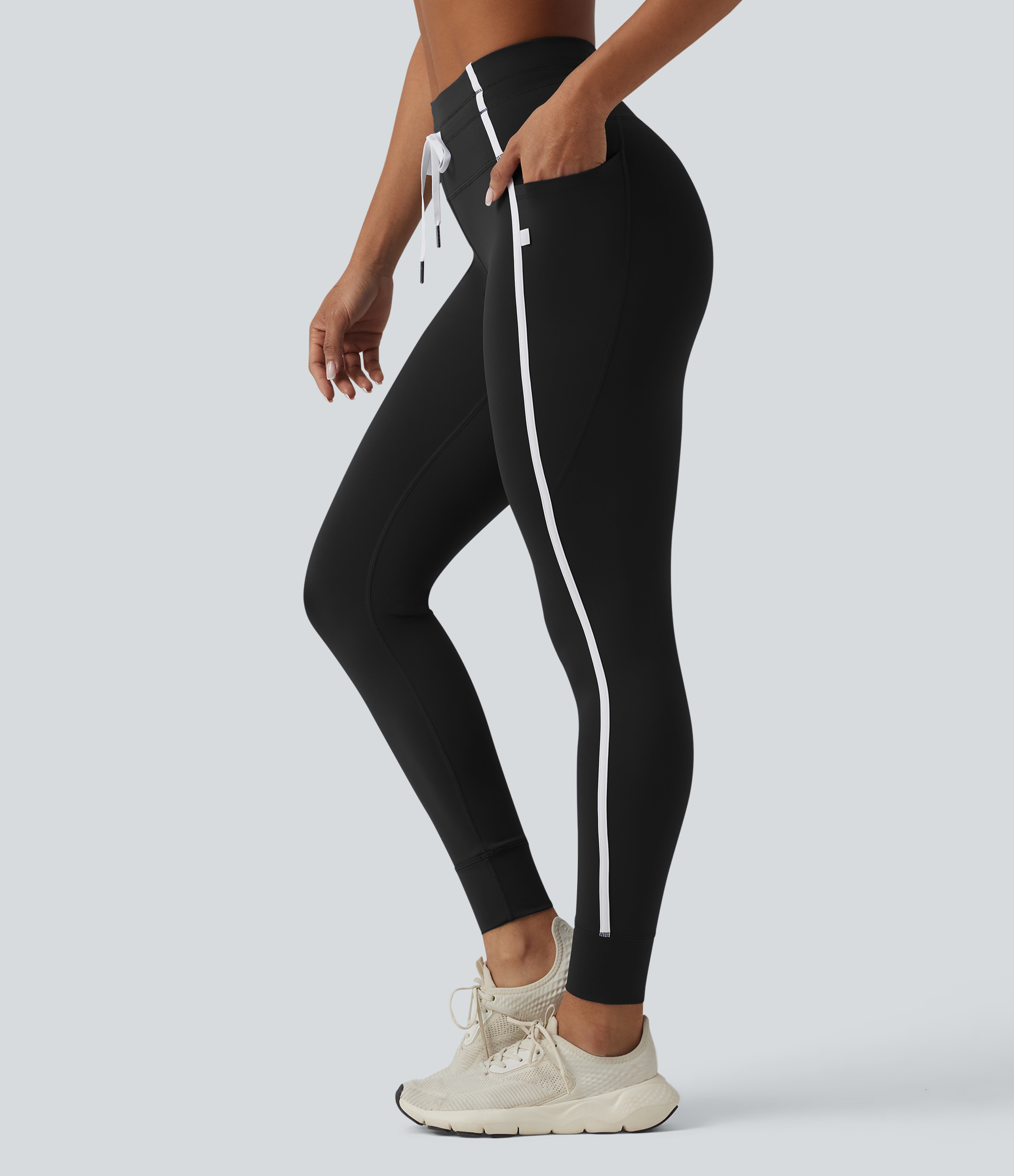 Leggings de yoga 7/8 taille haute avec cordon, effet gainant (contrôle du ventre), motif rayé color-block et poches