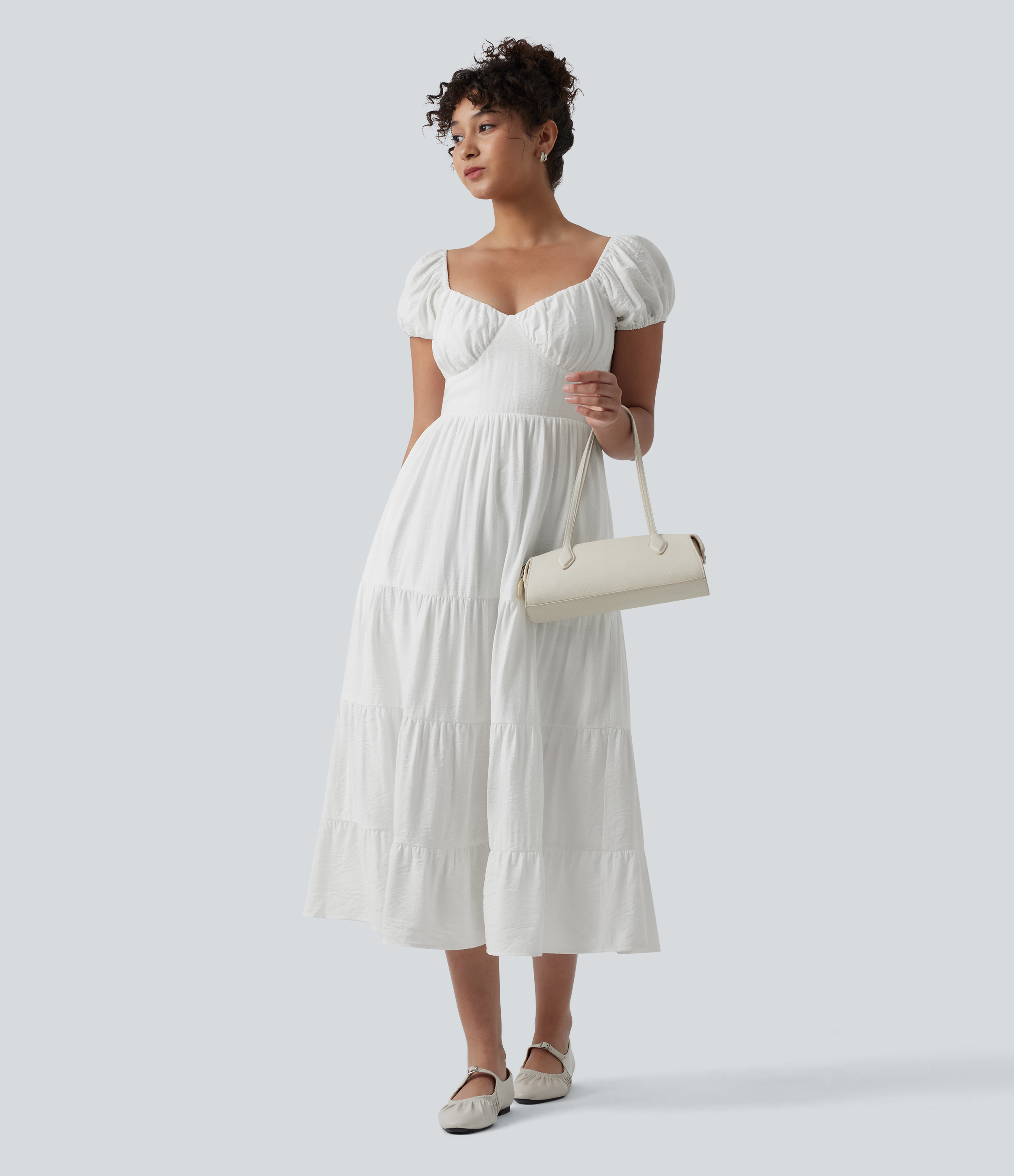 Queen Anne Neck Puff Sleeve Shirred Midi Casual Tiered Dress with Pockets