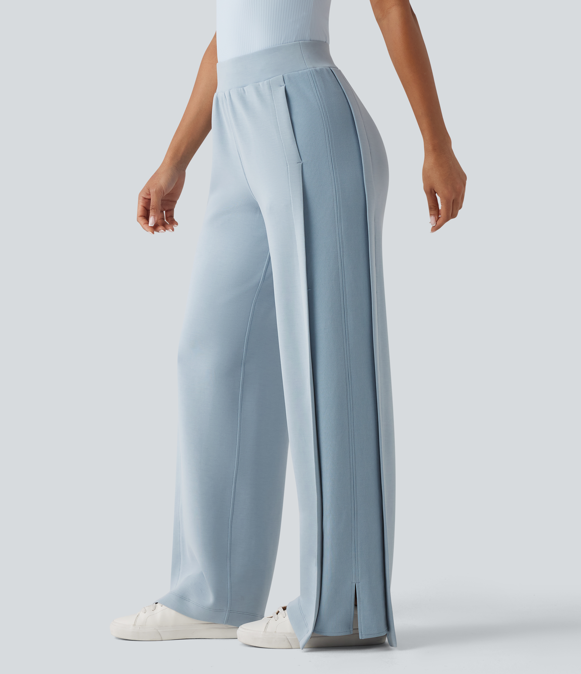 SpacerTek™ hoch taillierte, mit innenliegendem Kordelzug versehene, kontrastierend gerippte, lässige Weitbein-Hose mit Schlitz und Taschen
