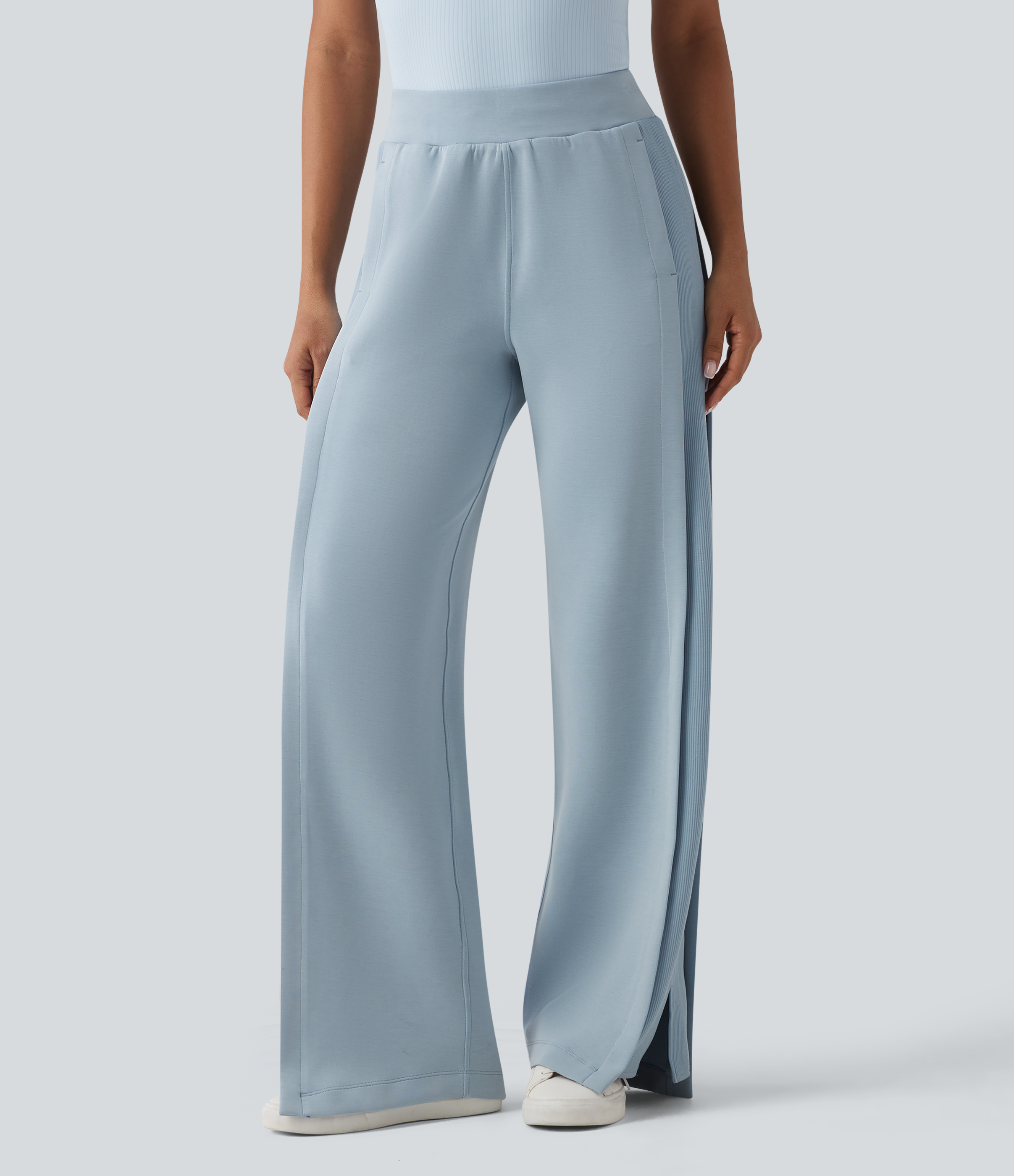 SpacerTek™ High Waisted Inner Drawstring Contrast Ribbed Split Casual Wide Leg Pants with Pockets