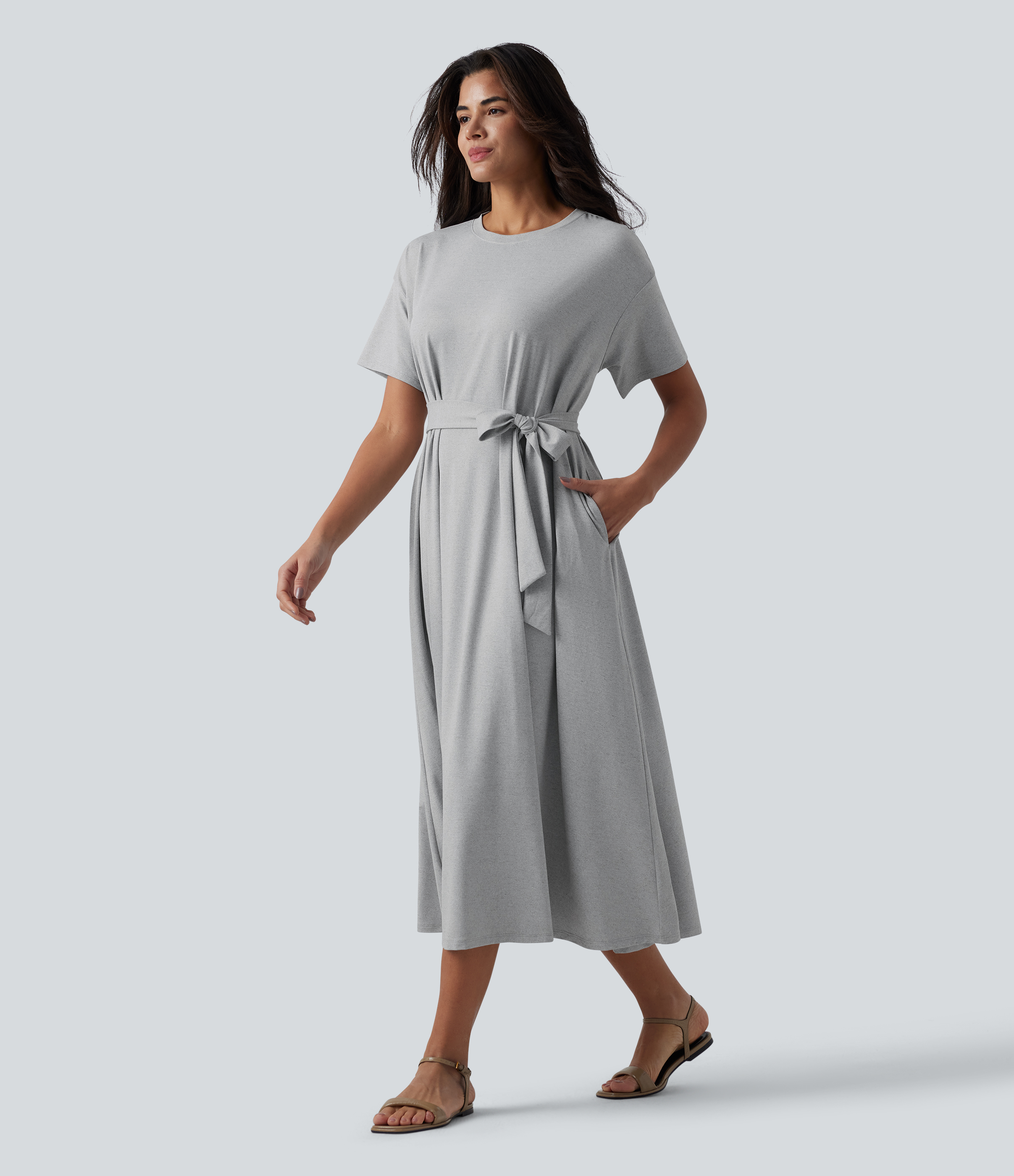 Round Neck Short Sleeve Belted Midi Flowy Casual T-Shirt Dress with Pockets