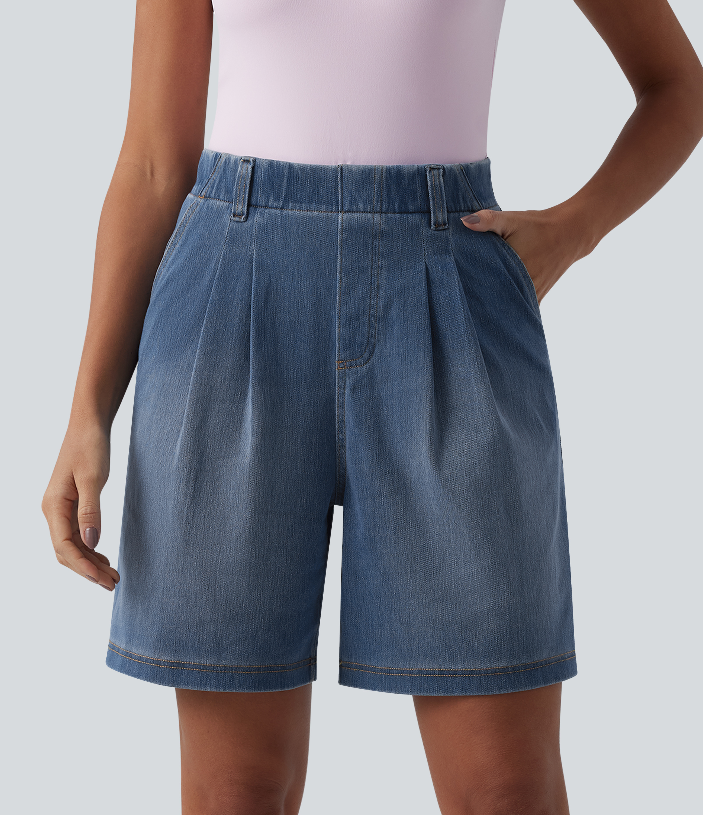 Halara Flex™ High Waisted Pleated Denim Casual Baggy Shorts with Pockets