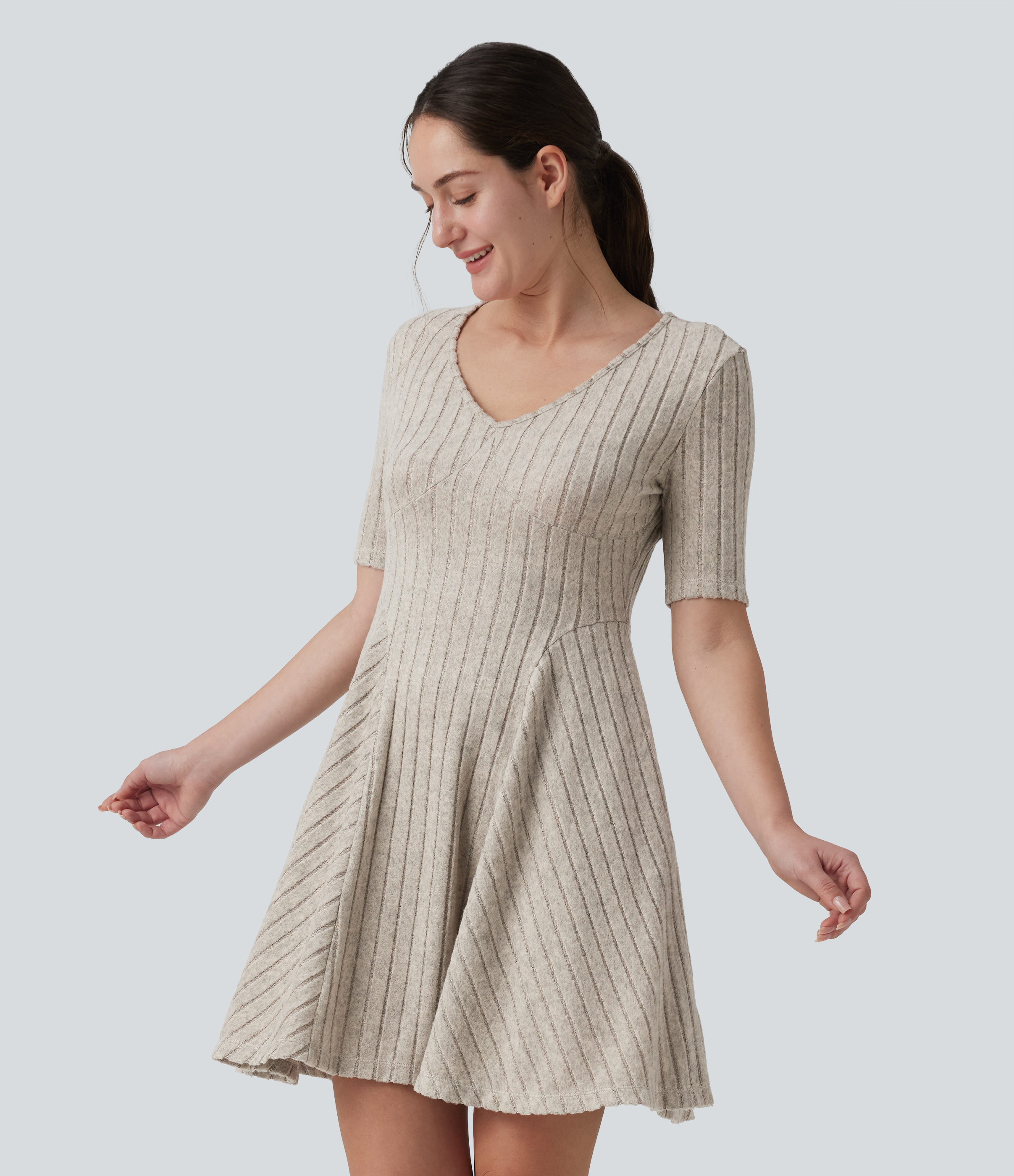 Ribbed Knit V Neck Short Sleeve Flare Mini Casual Dress with Pockets