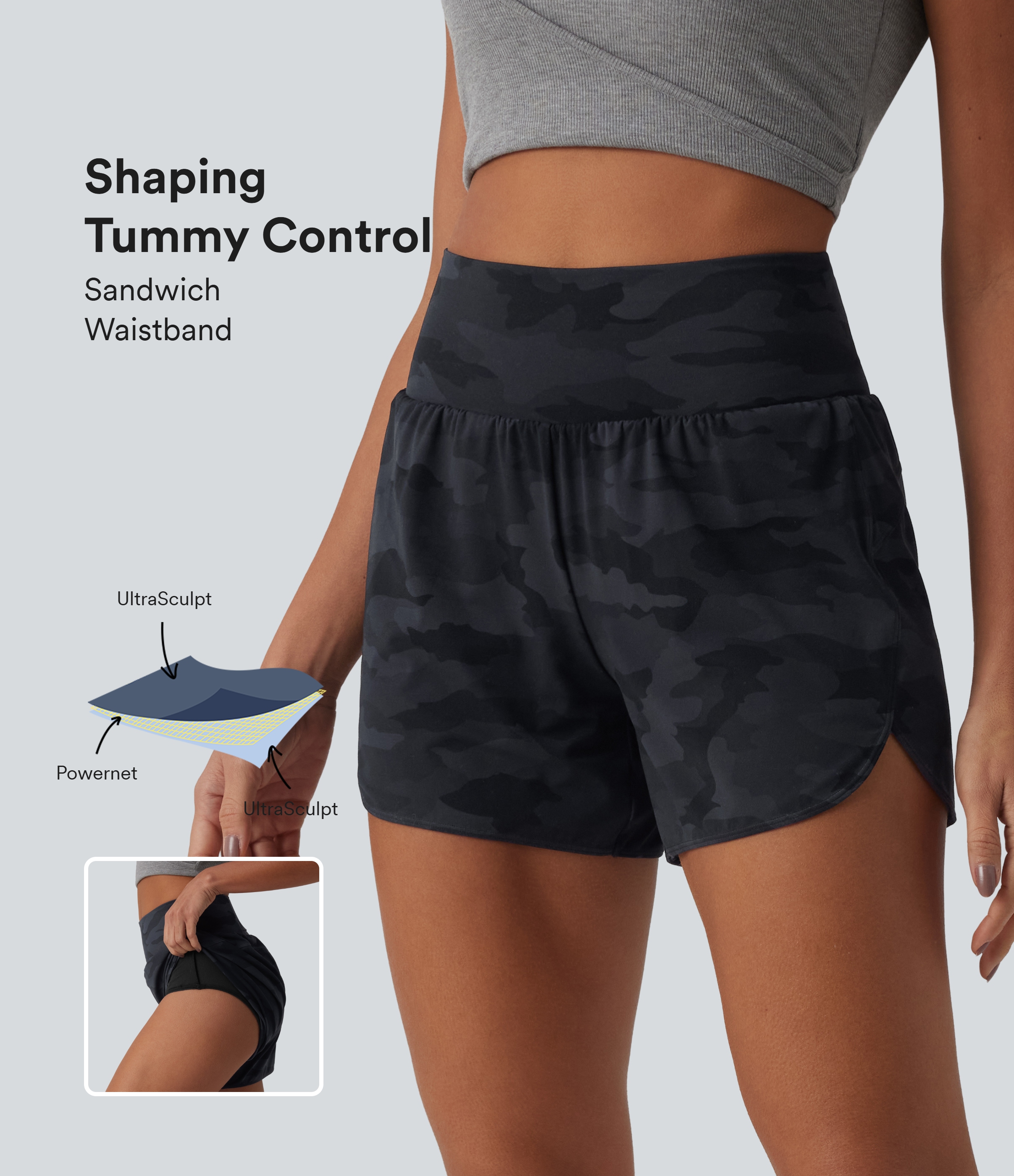 Halara UltraSculpt™ Camo Print High Waisted Tummy Control Curved Hem 2-in-1 Running Shorts with Pocket