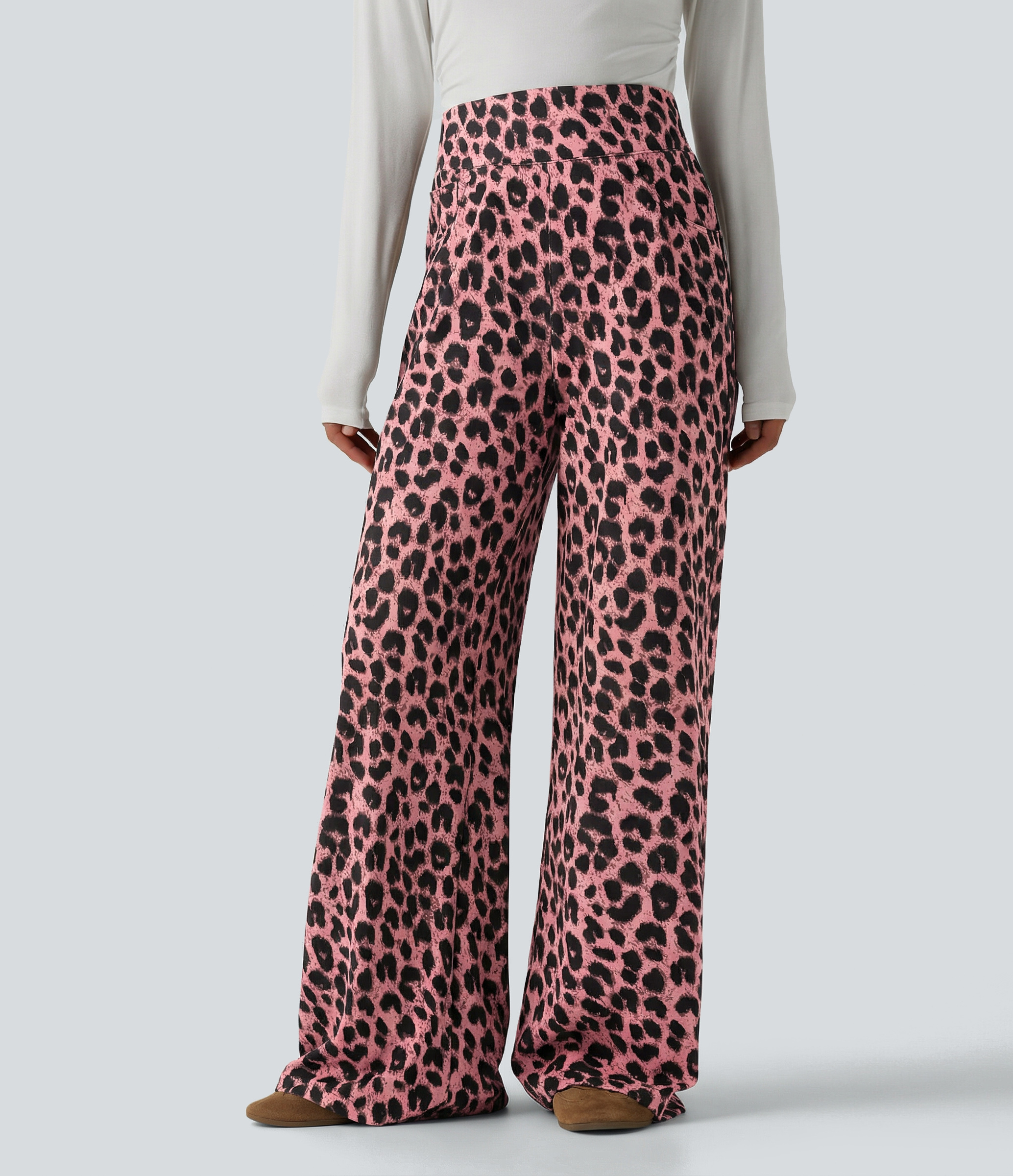 Pantalones holgados casuales de talle alto en tejido waffle con estampado de leopardo y bolsillos