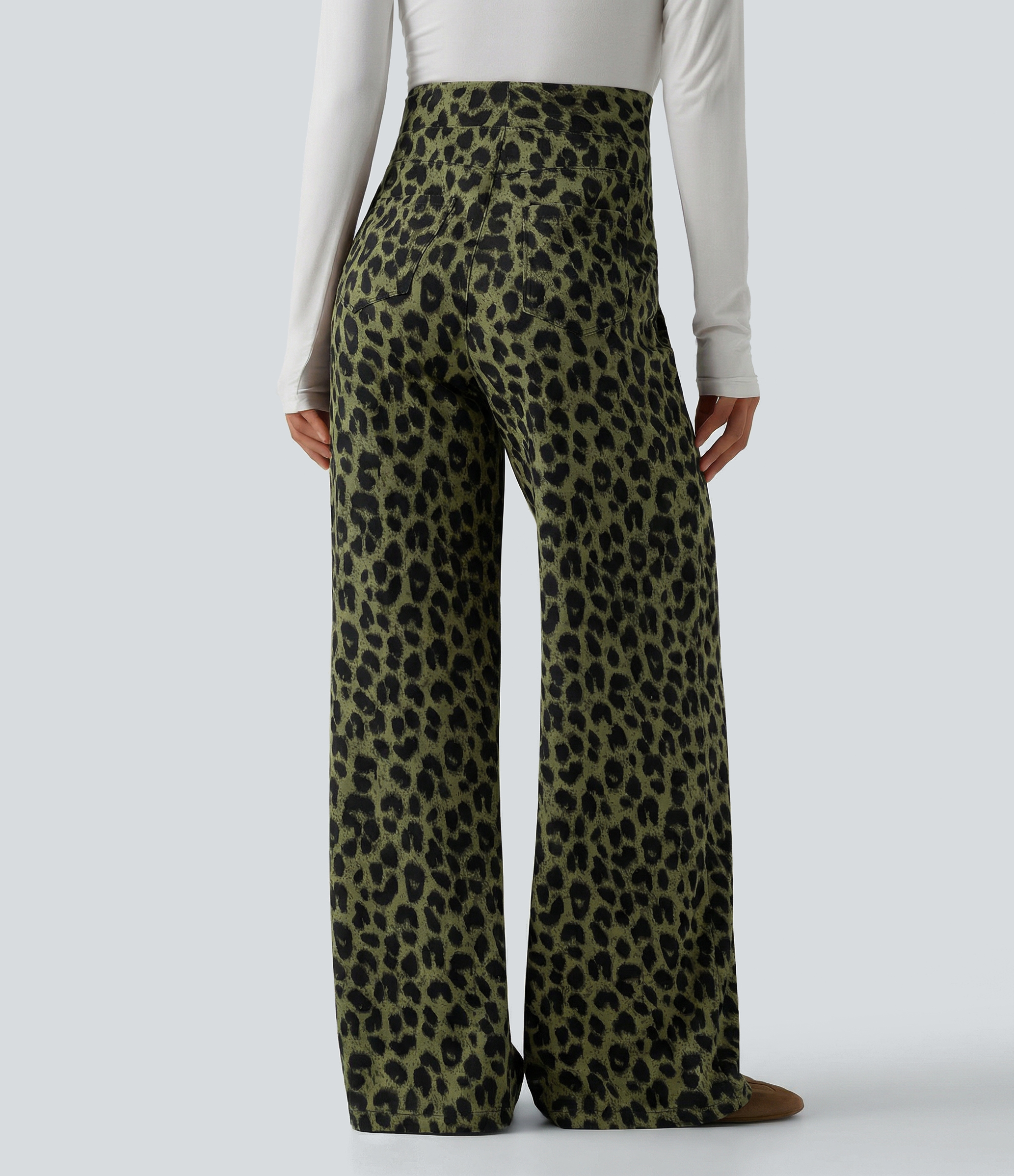 Pantalon large décontracté taille haute gaufré imprimé léopard avec poches