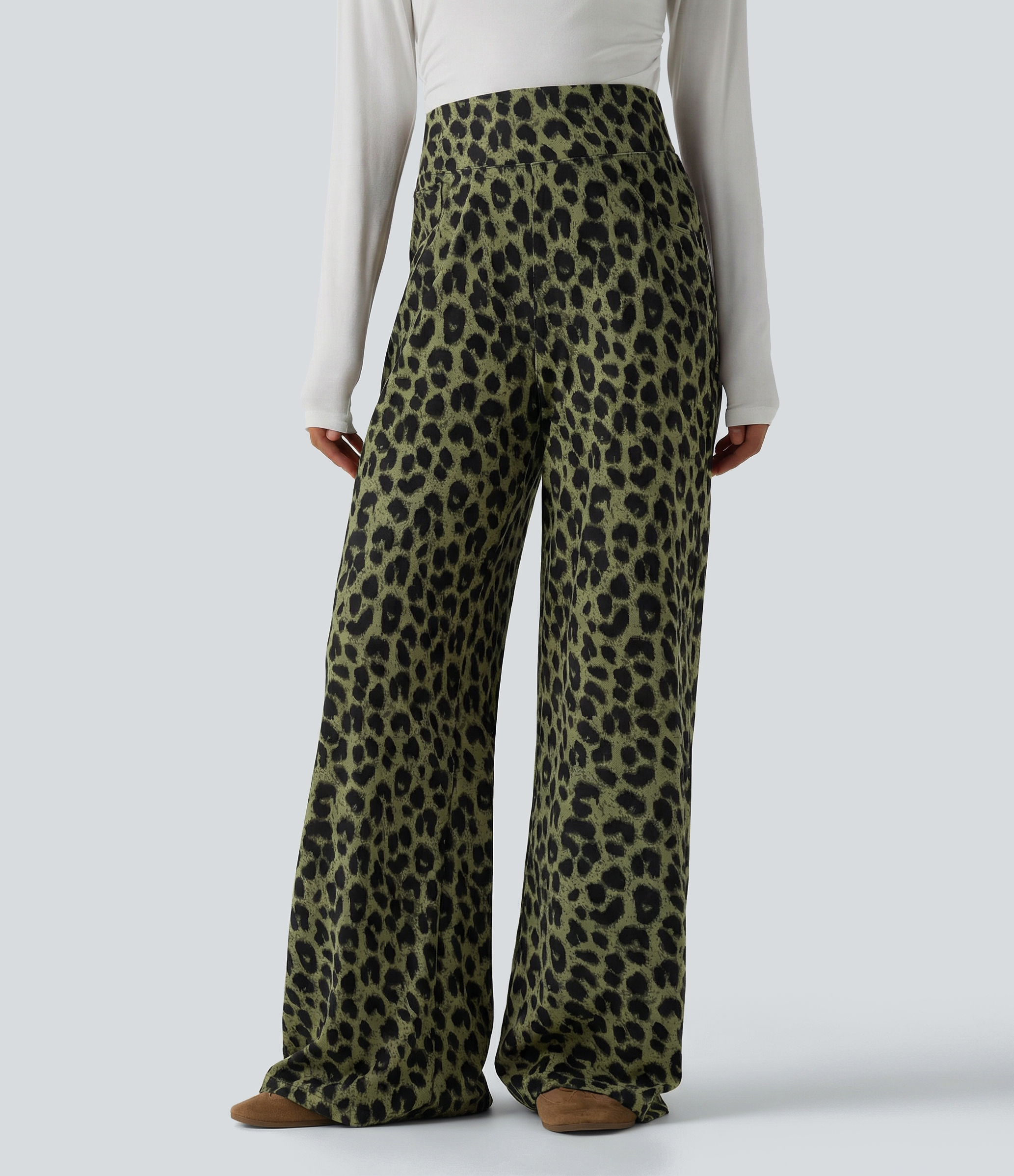High Waisted Leopard Waffle Casual Baggy Pants with Pockets