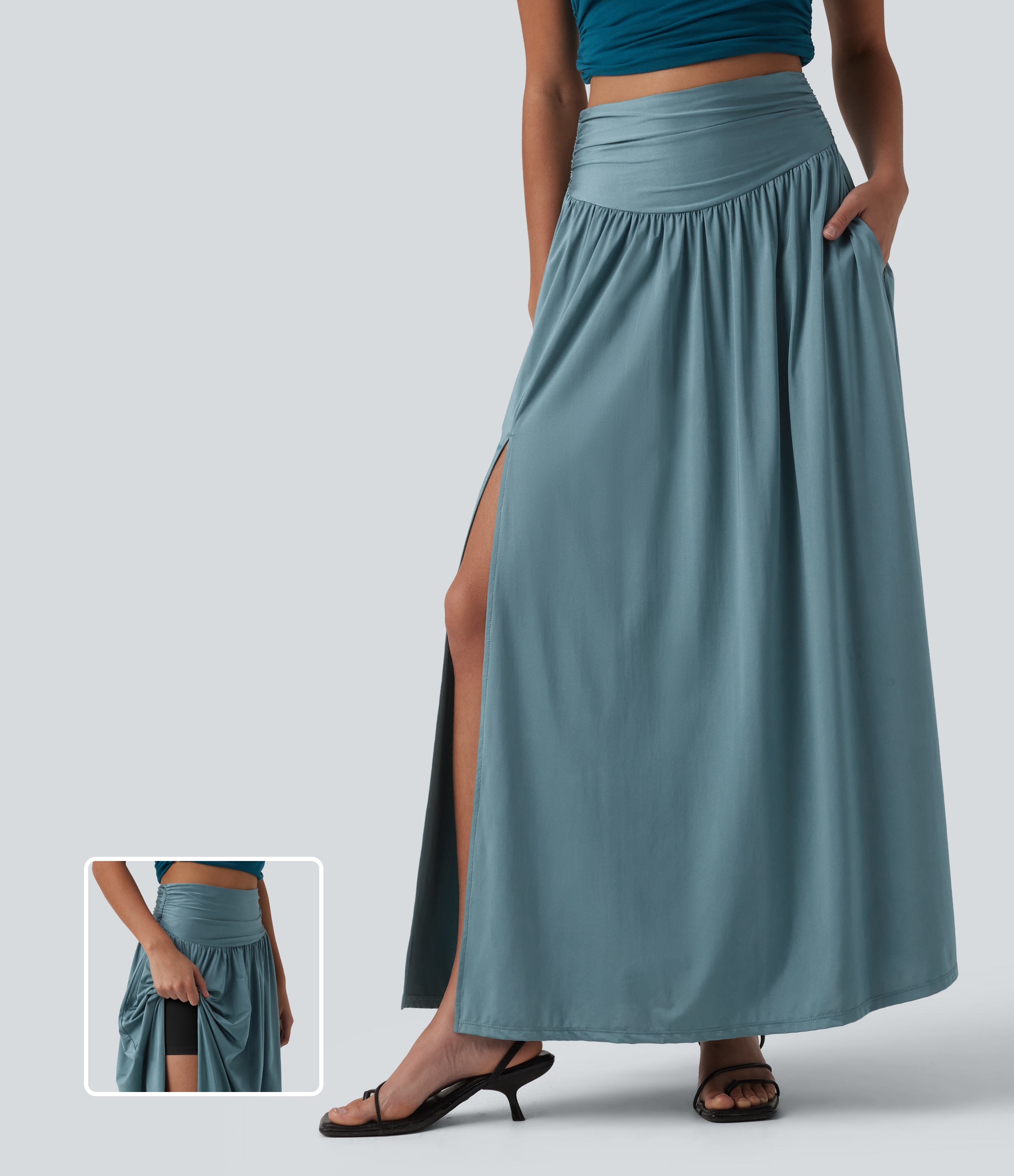 High Waisted Ruched Split 2-in-1 Maxi Stretchy Satin-Like Cool Touch Party Flowy Skirt with Pockets