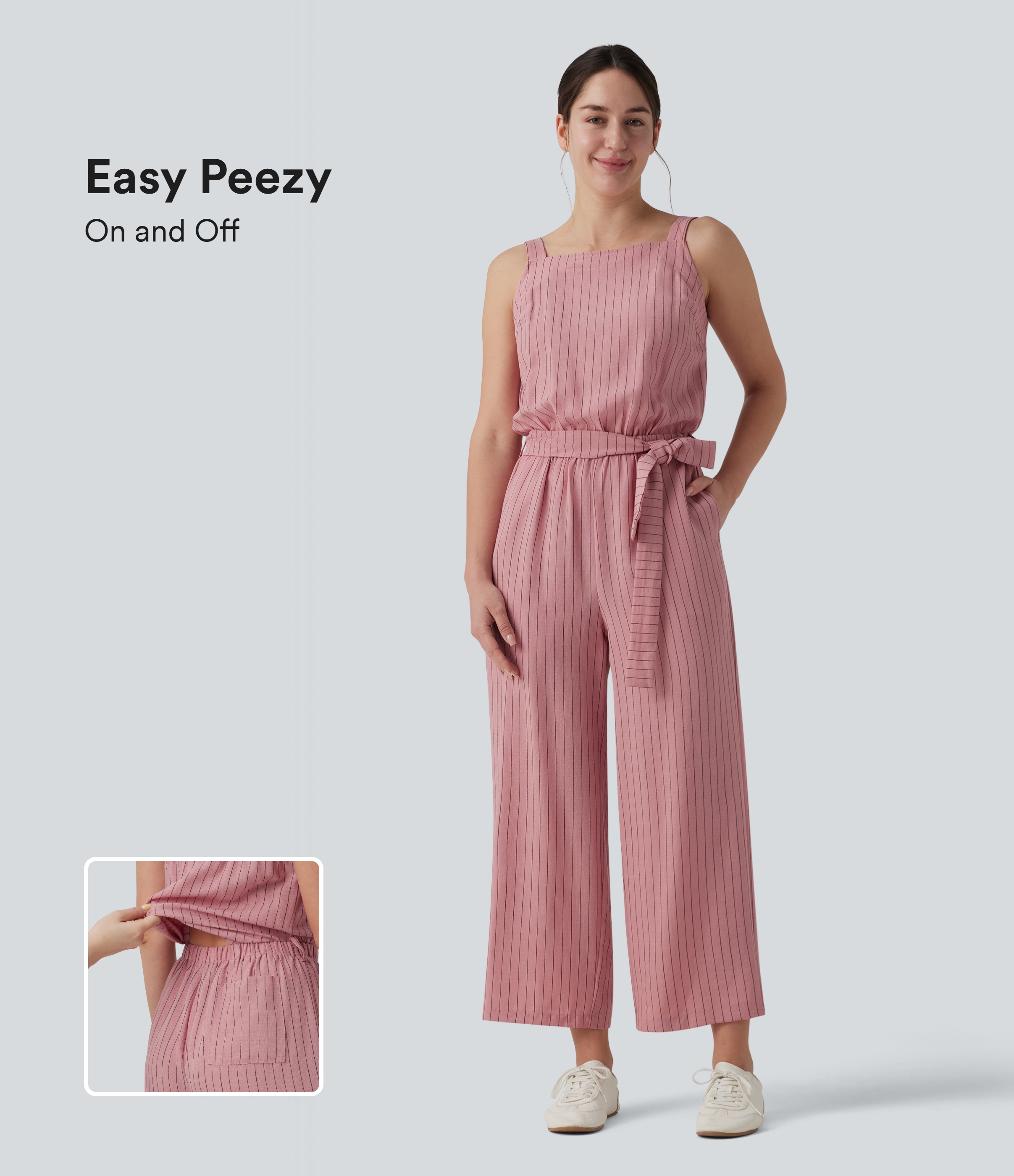 Square Neck Adjustable Straps Sleeveless Belted Stripes Casual Linen-Feel Jumpsuit with Pockets-Easy Peezy