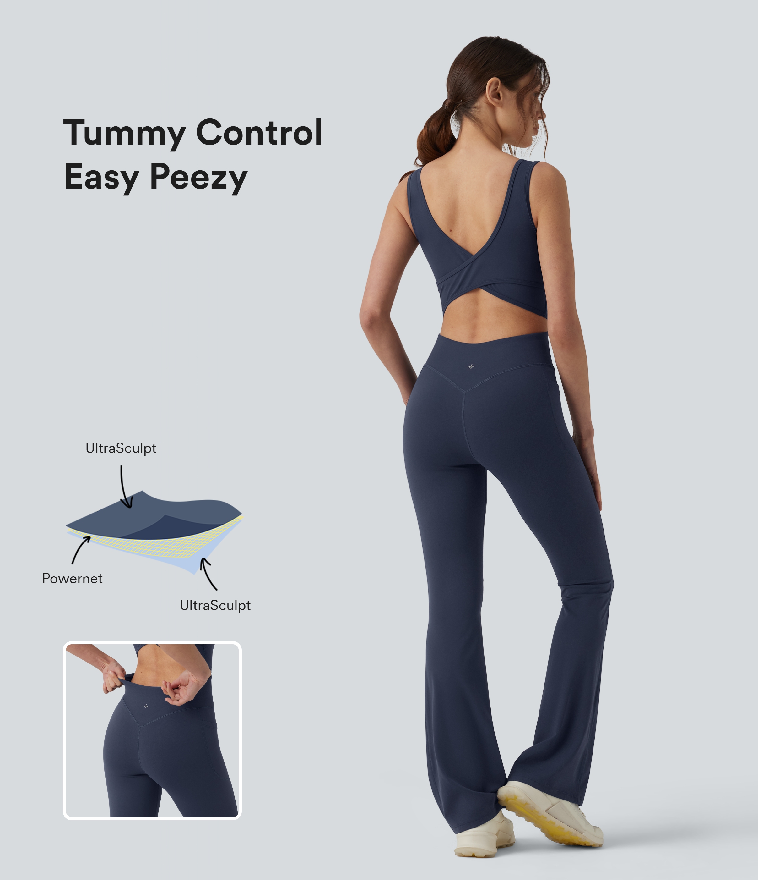 Halara UltraSculpt™ Non-removable pad Tummy Control Flare Workout Jumpsuit with Pockets-Easy Peezy Edition