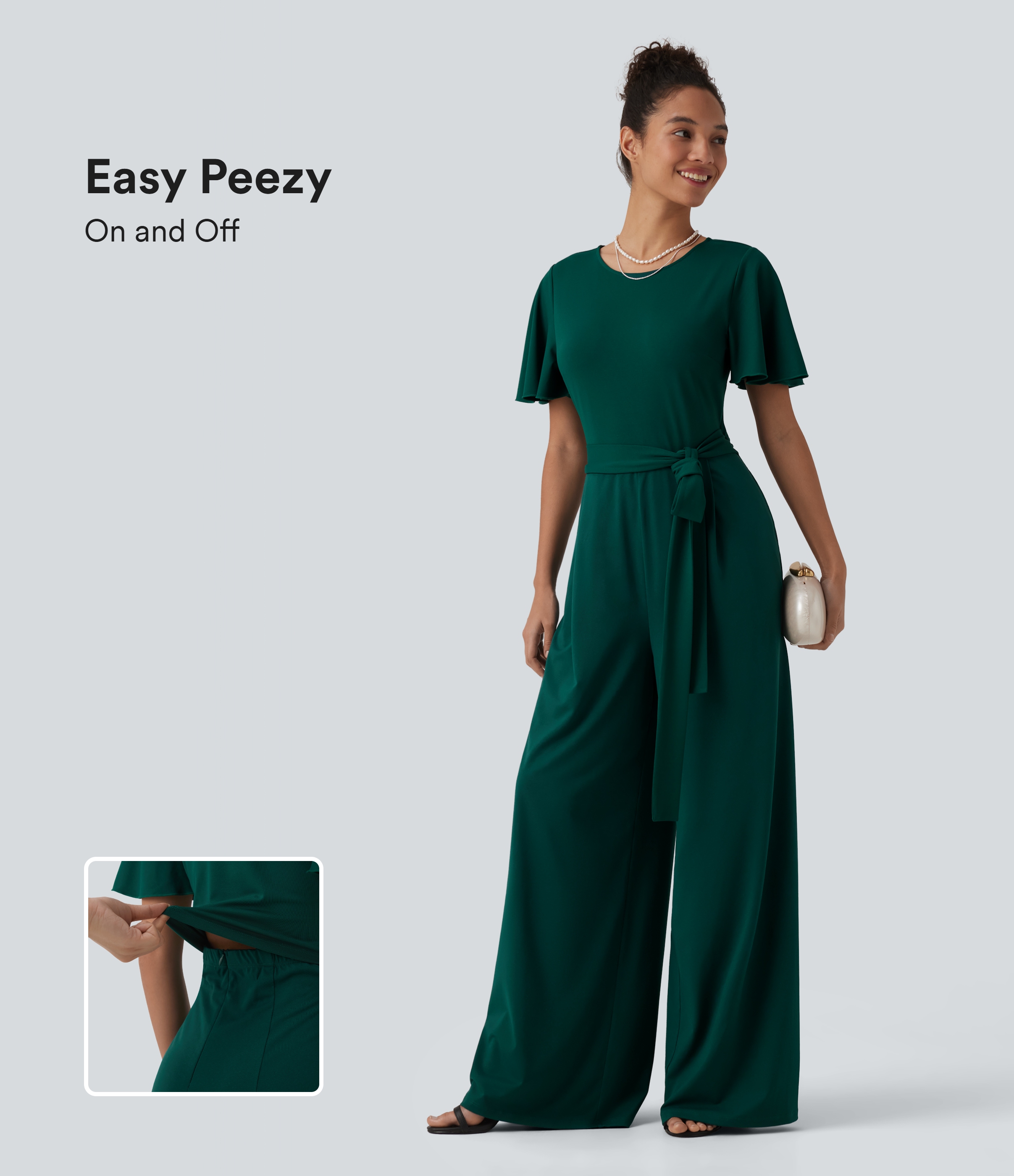 Round Neck Short Sleeve Tie Front Wide Leg Jumpsuit with Pockets-Easy Peezy Edition