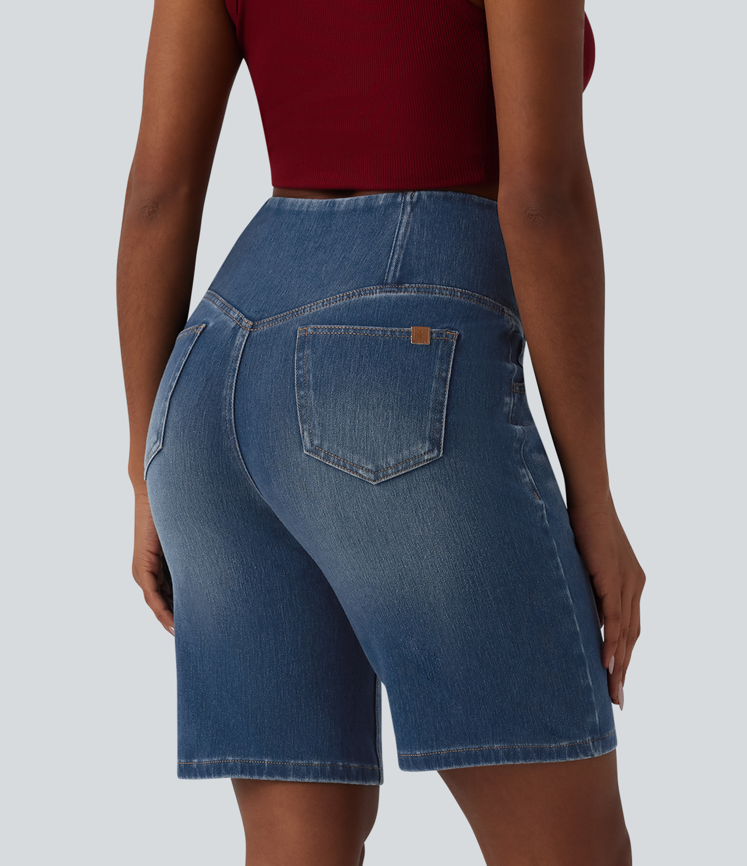 Estate Blue Denim Halara Flex™ denimové bermudy s vysokým, překříženým pasem pro kontrolu břicha a s kapsami / 2