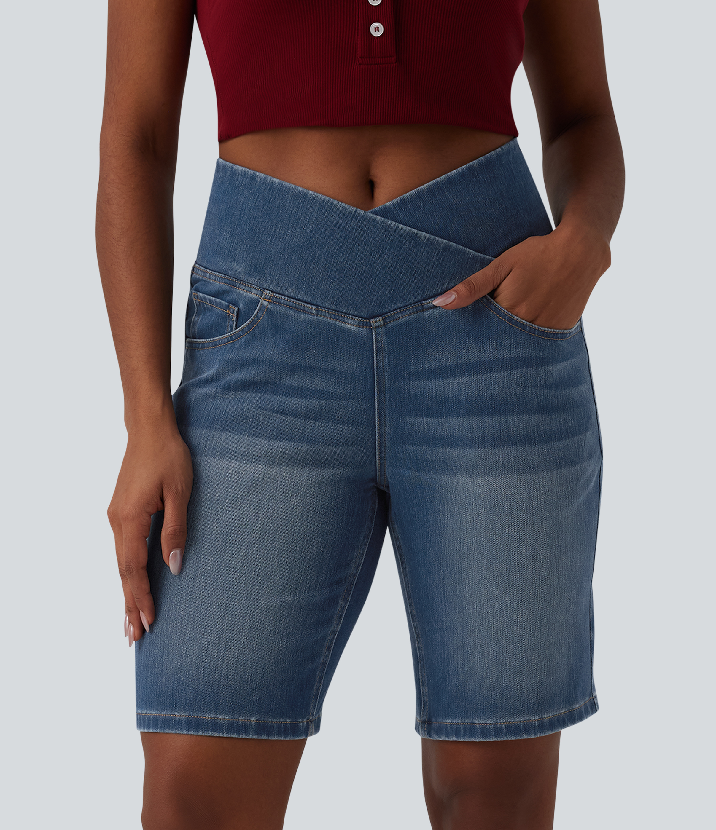 Halara Flex™ High Waisted Crossover Tummy Control Denim Casual Bermuda Shorts with Pockets
