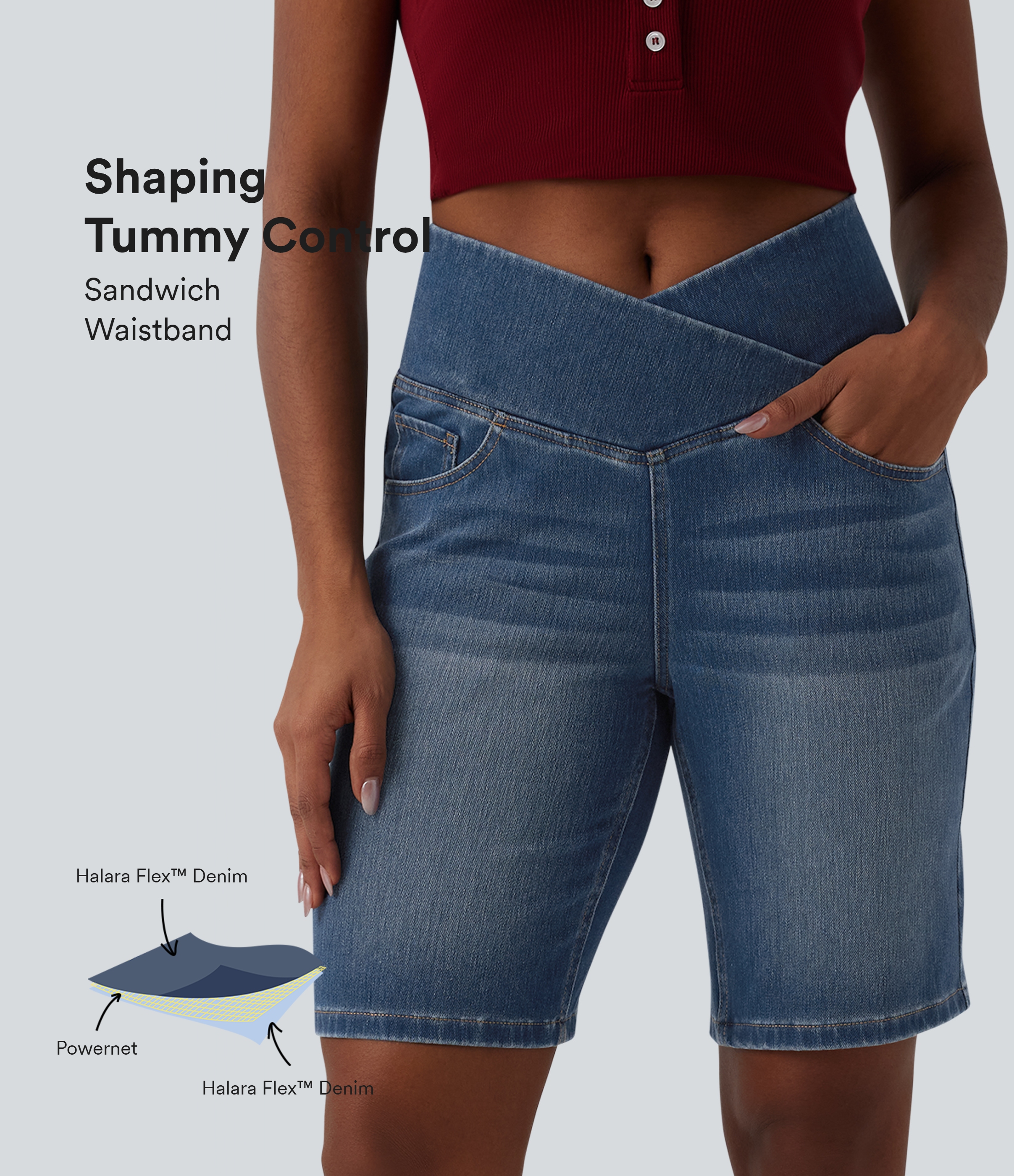 Halara Flex™ High Waisted Crossover Tummy Control Denim Casual Shorts with Pockets