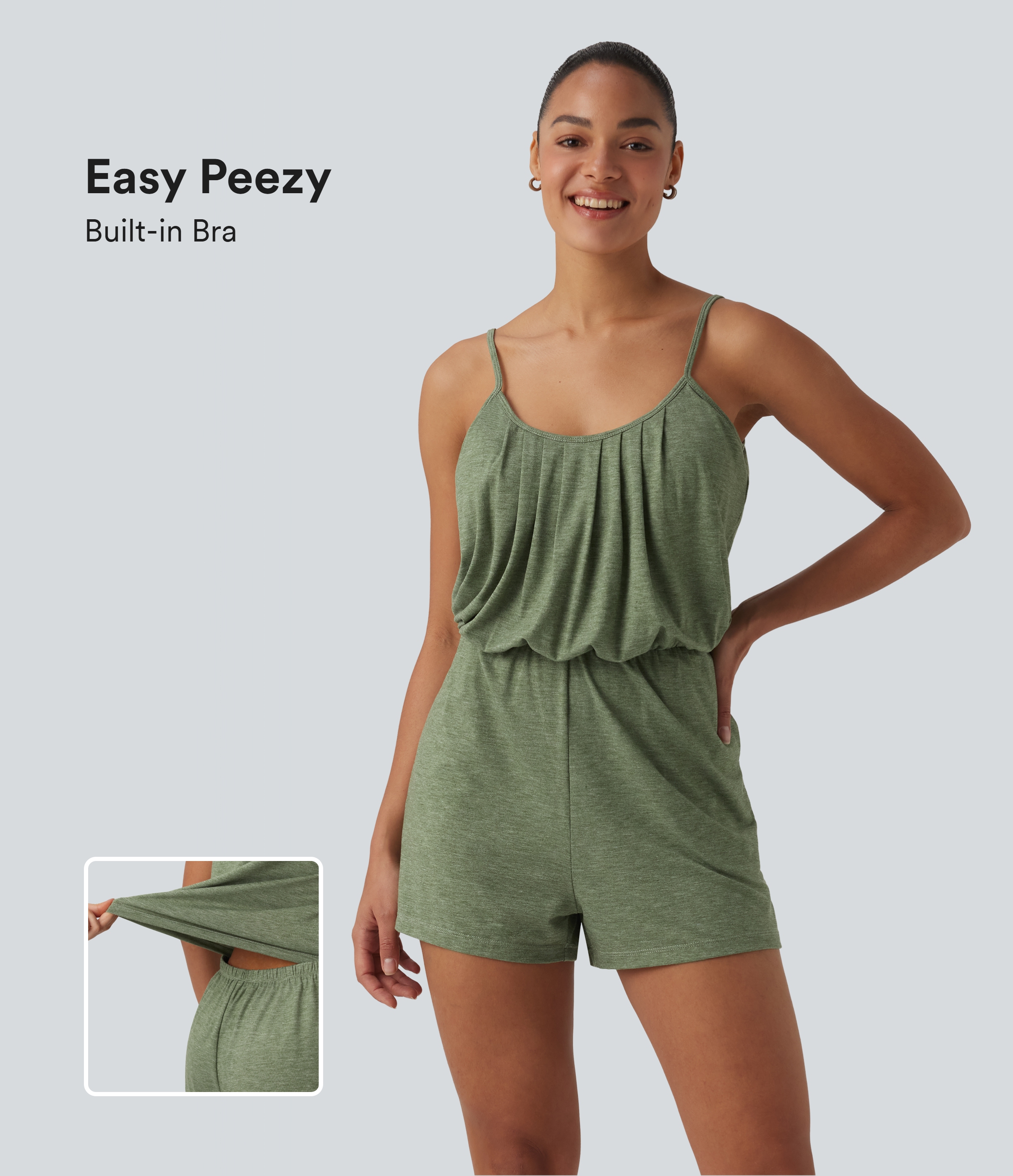 U-Neck Adjustable Straps Pleated Built-in Bra Casual Romper with Pockets-Easy Peezy