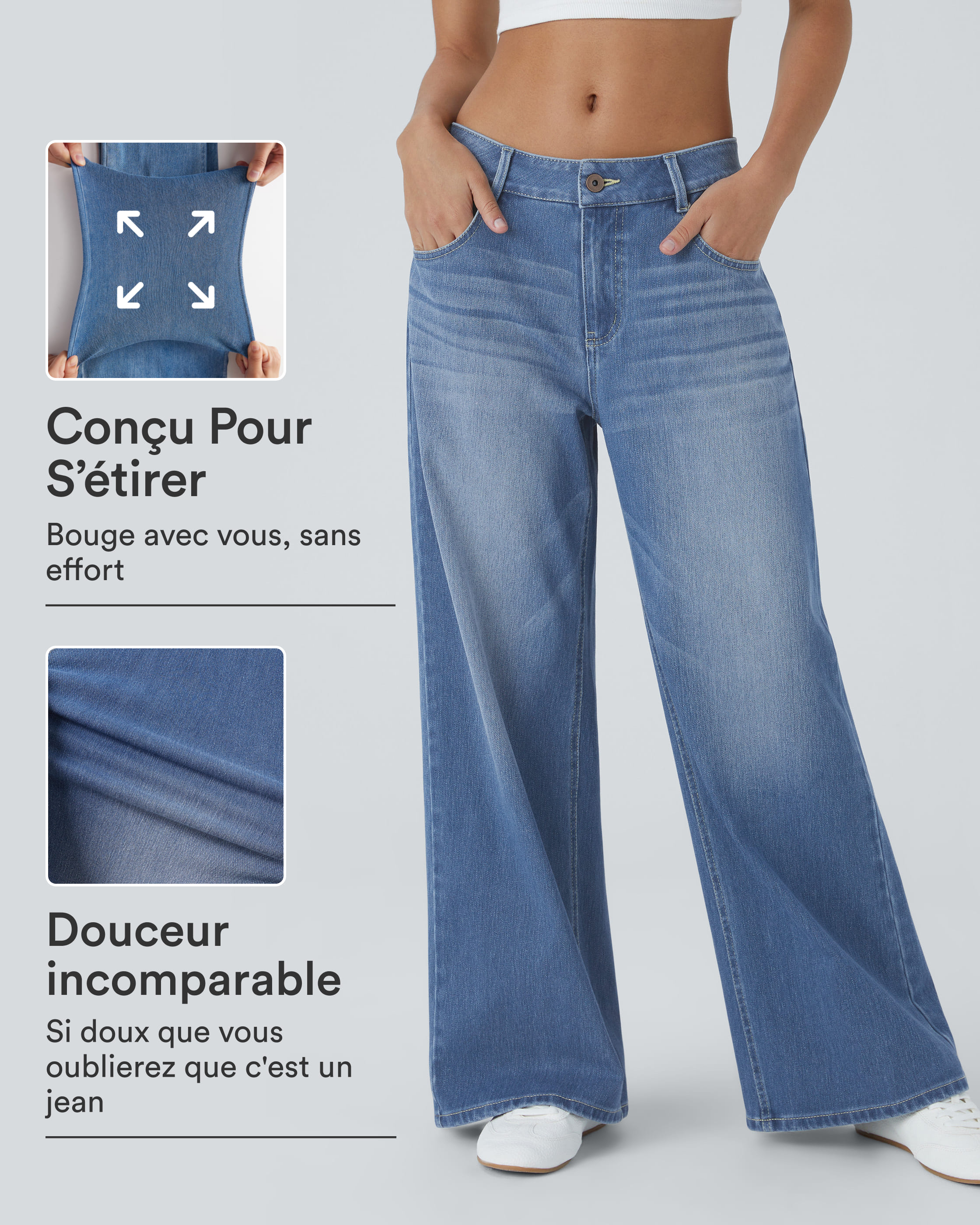 Vaqueros Halara Flex™ de tiro bajo, pierna ancha, informales, con cierre de botón, múltiples bolsillos, lavados, elásticos y de punto