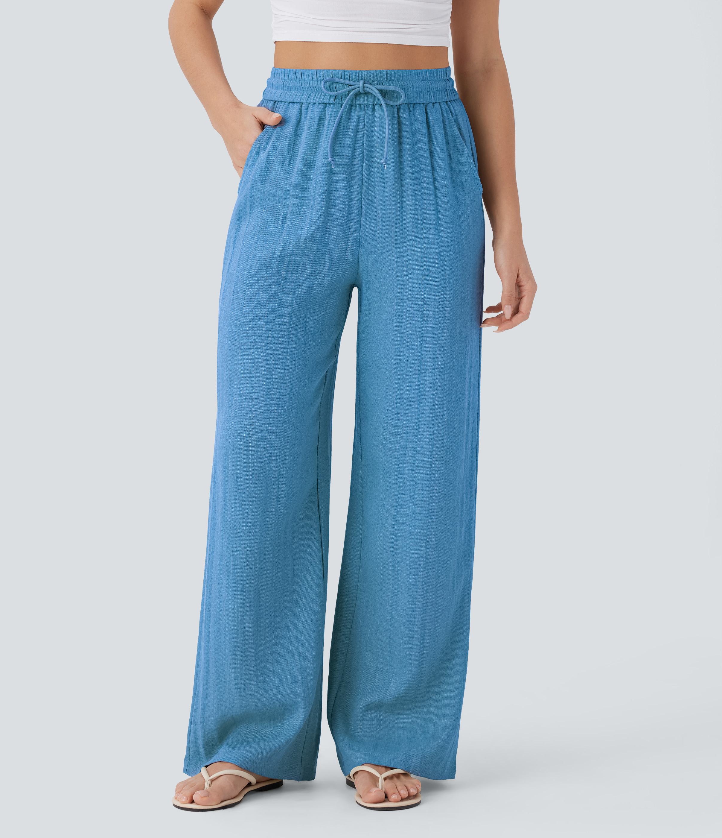 High Waisted Drawstring Pocket Wide Leg Baggy Casual Linen-Feel Pants