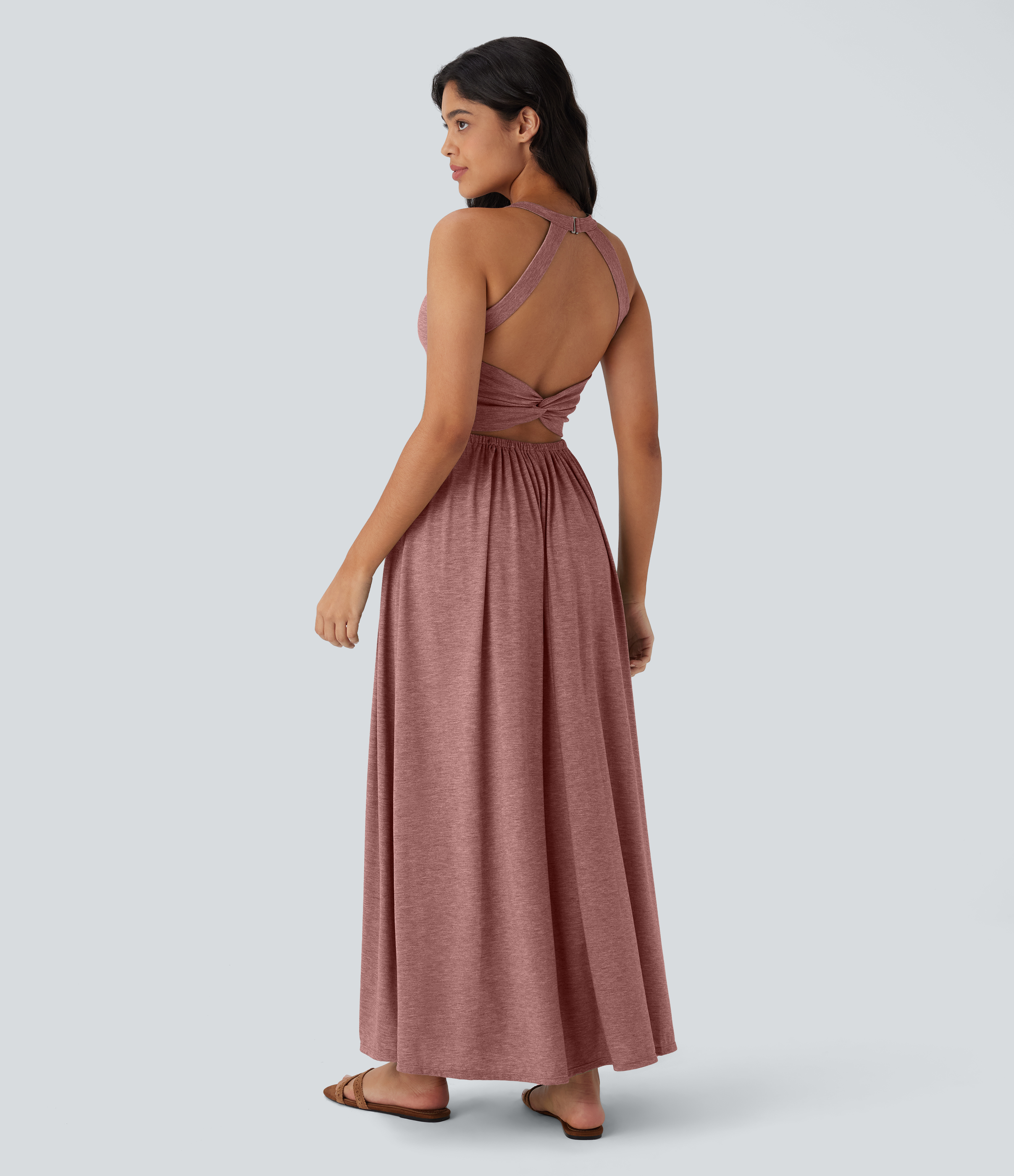 Twisted Backless Split Flowy Maxi Resort Dress with Pockets