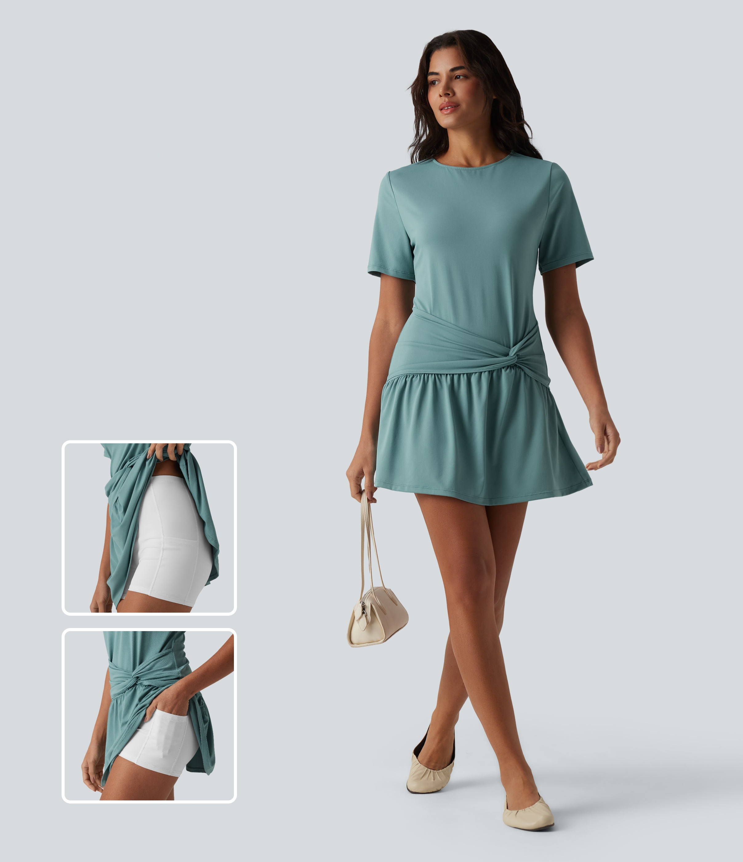 Round Neck Short Sleeve Keyhole Back 2-Piece Mini Casual Dress with Pockets