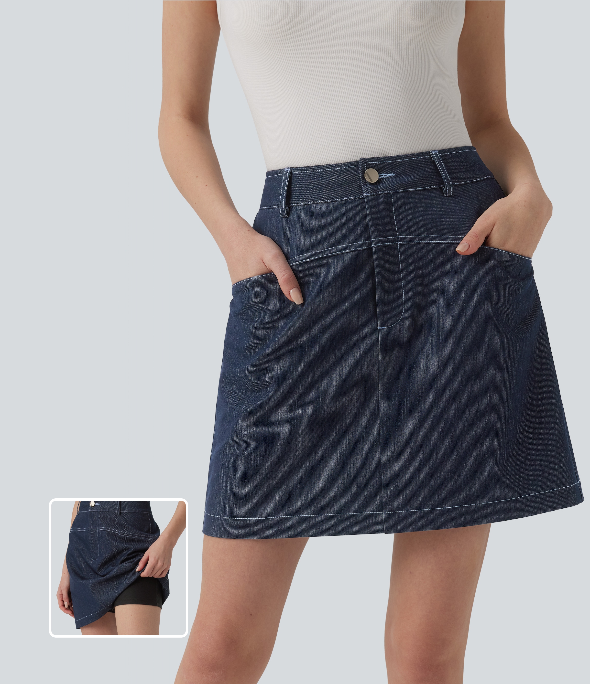 High Waisted Mini 2-in-1 Denim-Like Casual A-line Skirt with Pockets