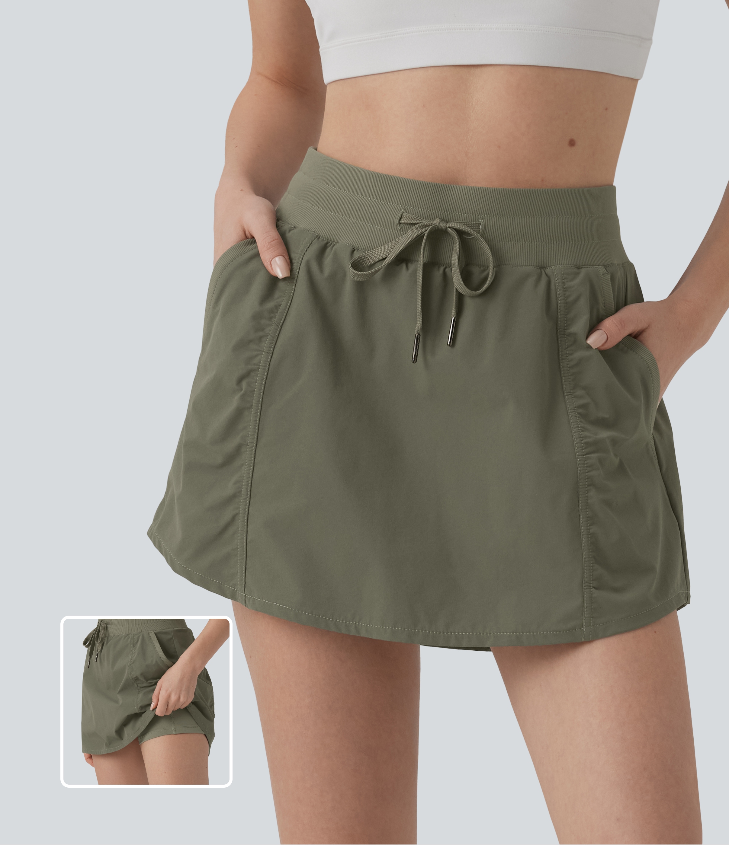 High Waisted Drawstring Mini 2-in-1 Workout A-line Skirt with Pockets
