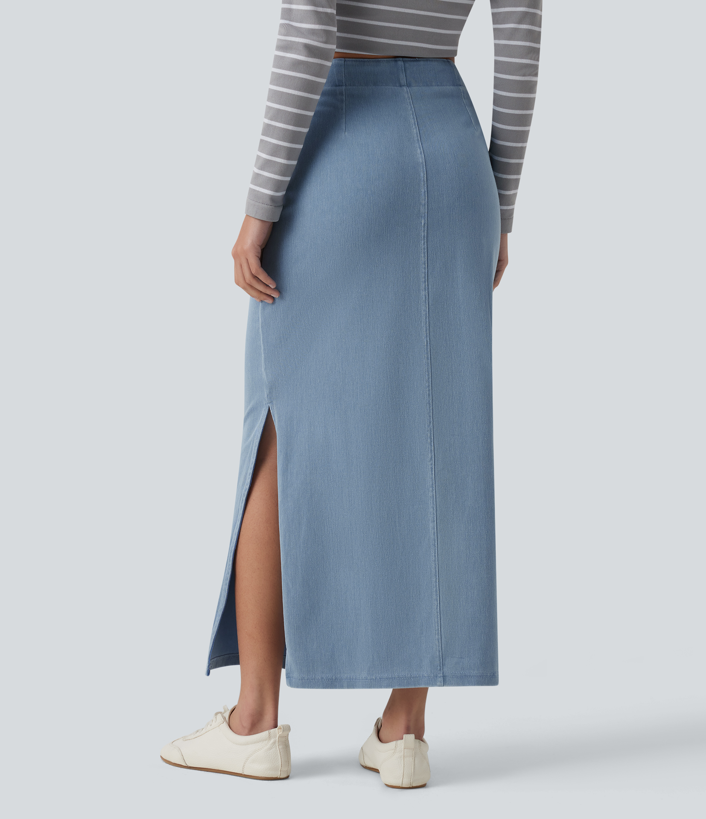 Powder Blue Denim Halara Flex™ džinsinis maksi sijonas su aukštu liemeniu ir pilvo kontrolės funkcija, kasdieniam dėvėjimui / 2