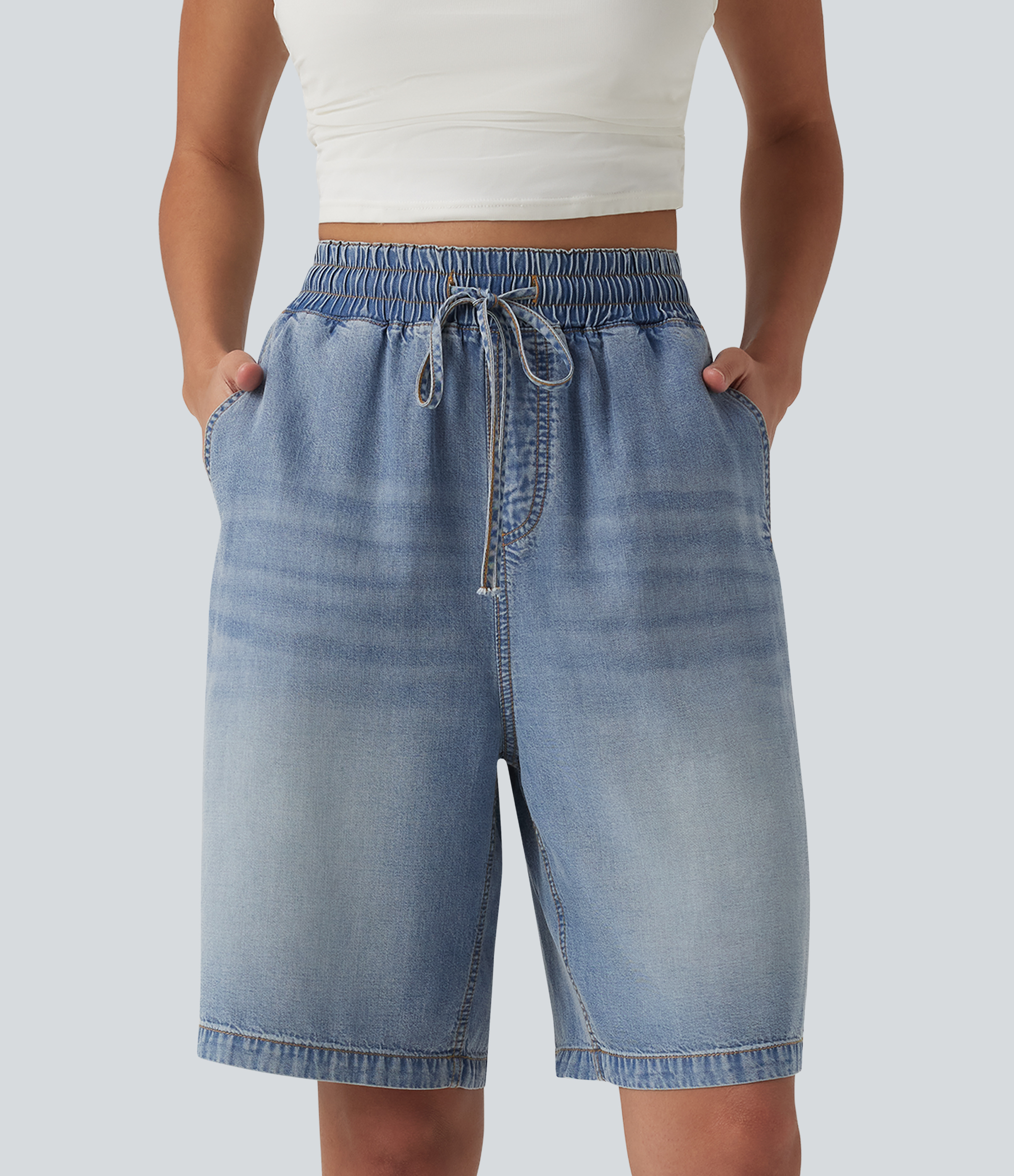 High Waisted Drawstring Denim Casual Shorts 9'' with Pockets