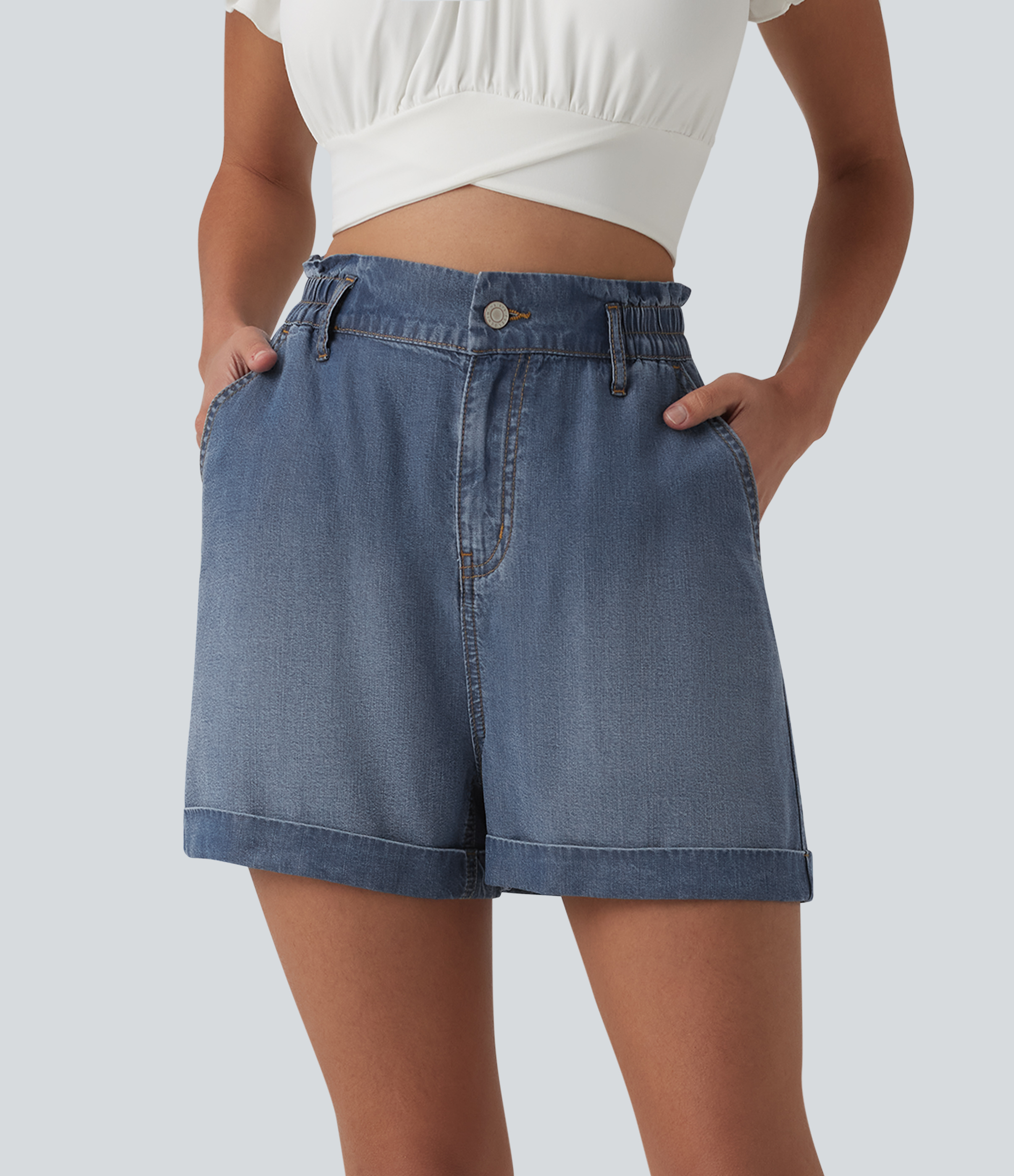 Lässige Shorts aus Denim mit hohem Bund und Seitentaschen - 7,6 cm