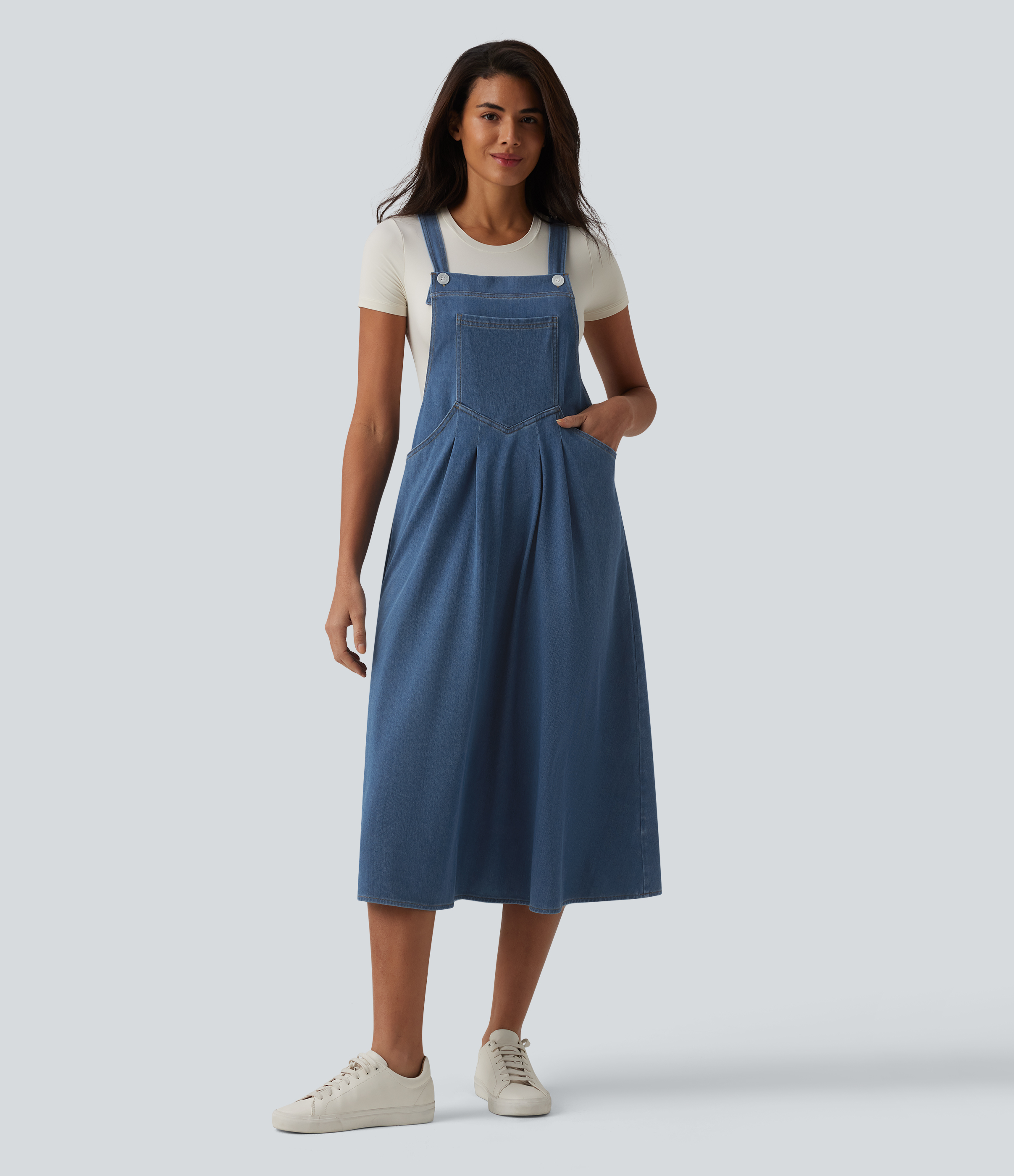 Halara Flex™ - Lässiges Midikleid aus Denim mit eckigem Ausschnitt und mehreren Taschen