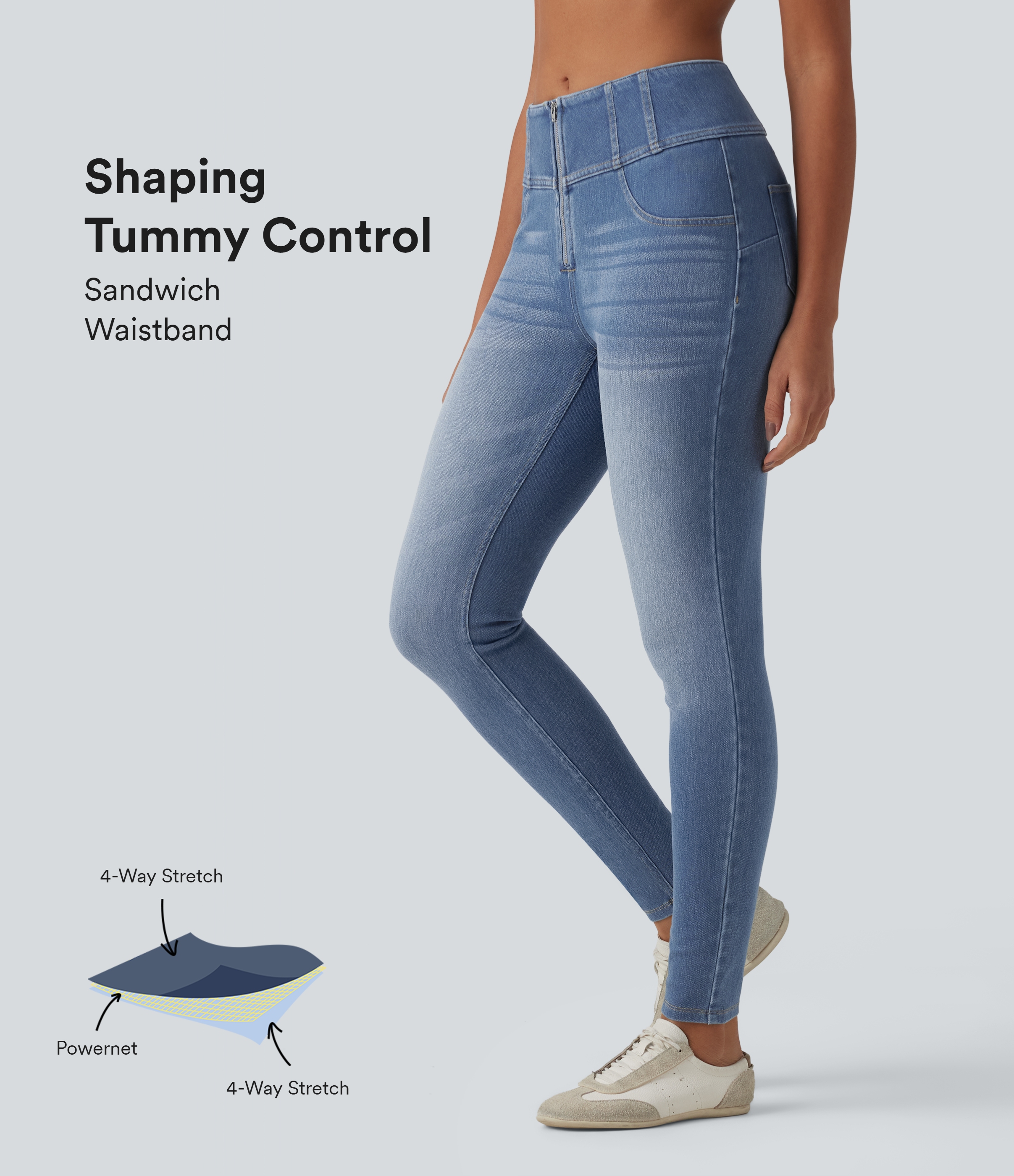 Halara Flex™ Skinny-Jeans mit mittelhohem Bund, Reißverschluss, figurformendem Effekt und Taschen