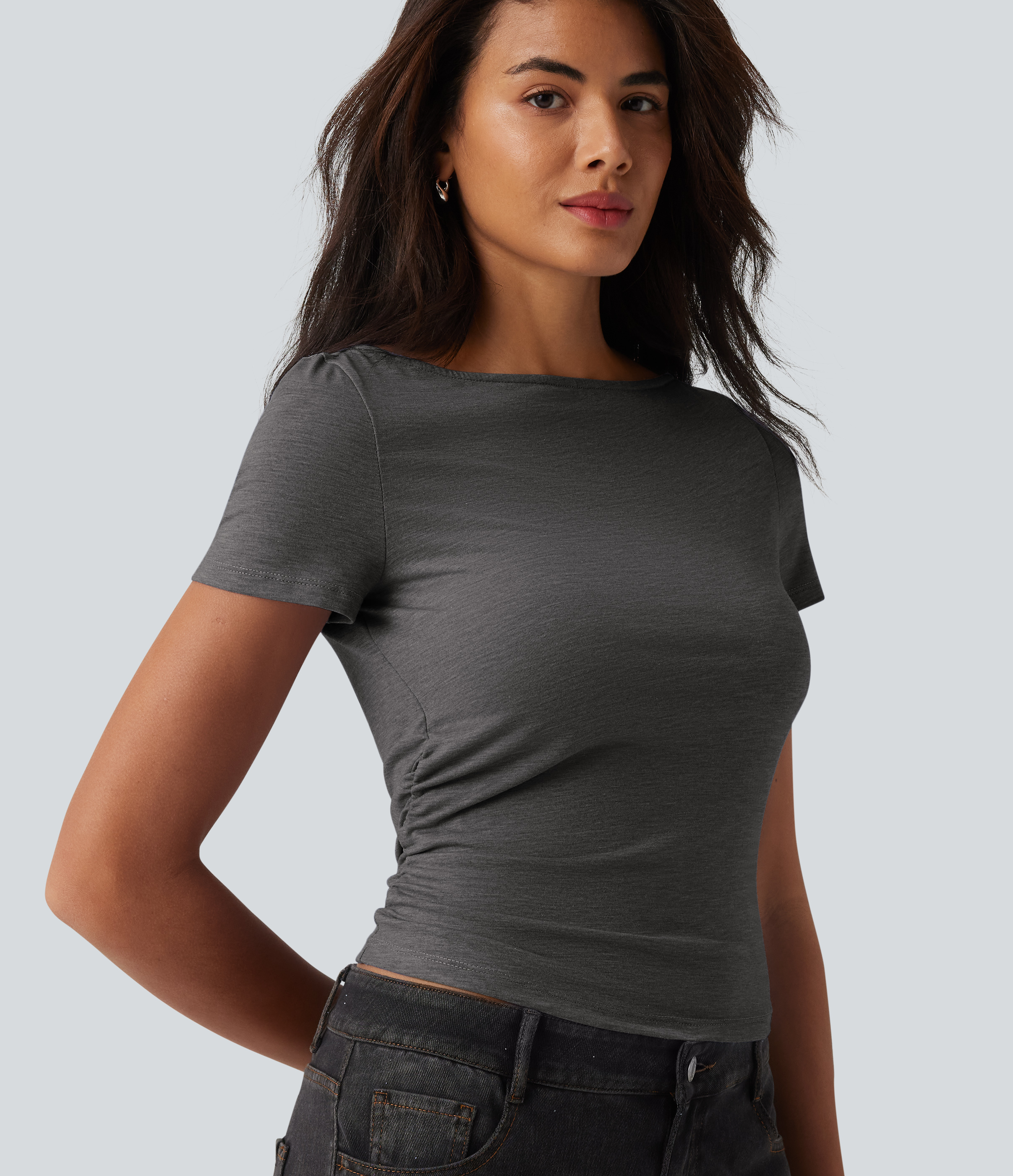 Boat Neck Short Sleeve Ruched Casual T-Shirt