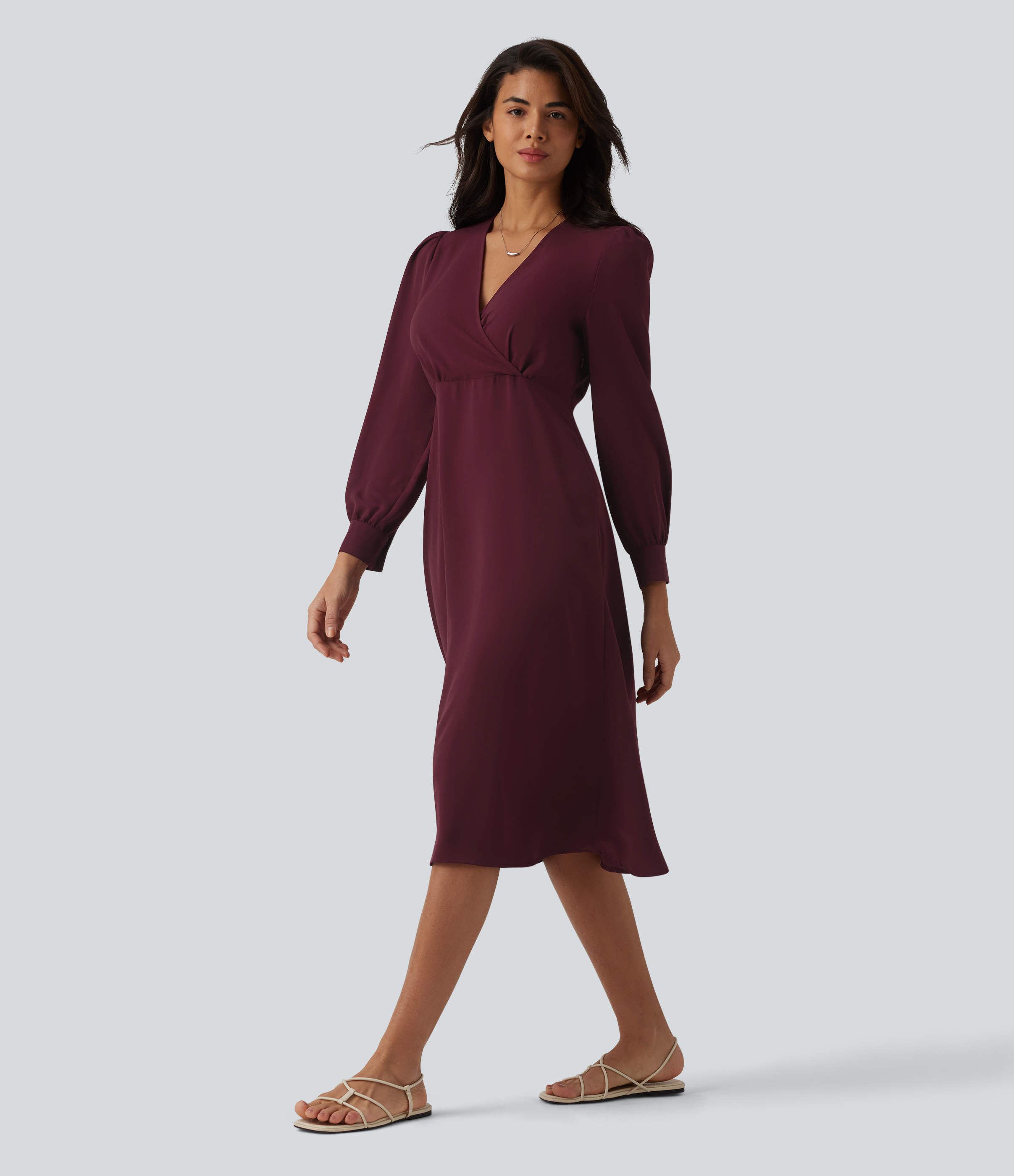 V-neck Puff Long Sleeve Midi Casual Dress
