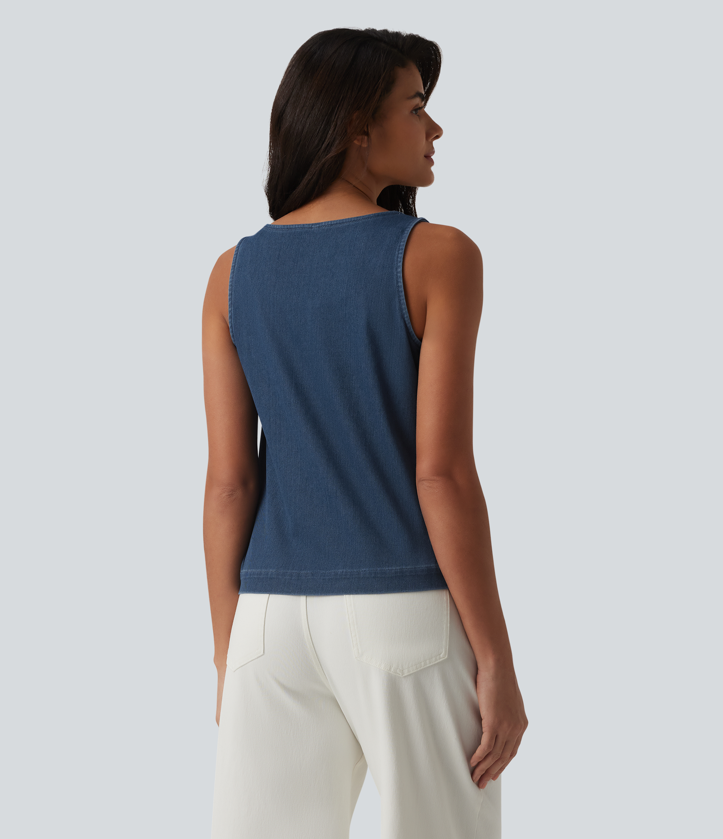 Tide Blue Denim Halara Flex™ U Neck Denim Casual Tank Top with Pocket / 2