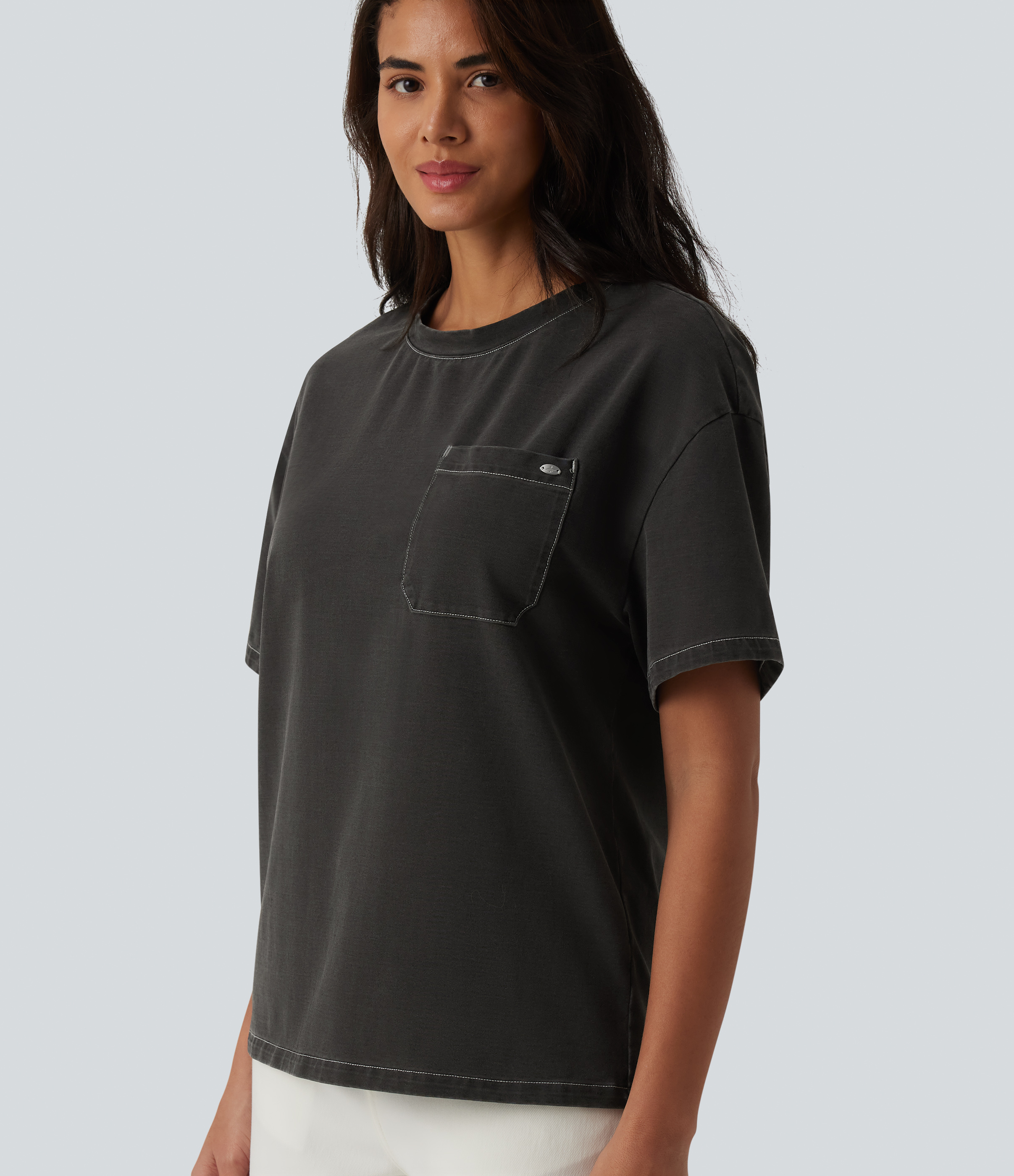 Halara Flex™ Round Neck Short Sleeve Denim Casual T-Shirt with Pocket